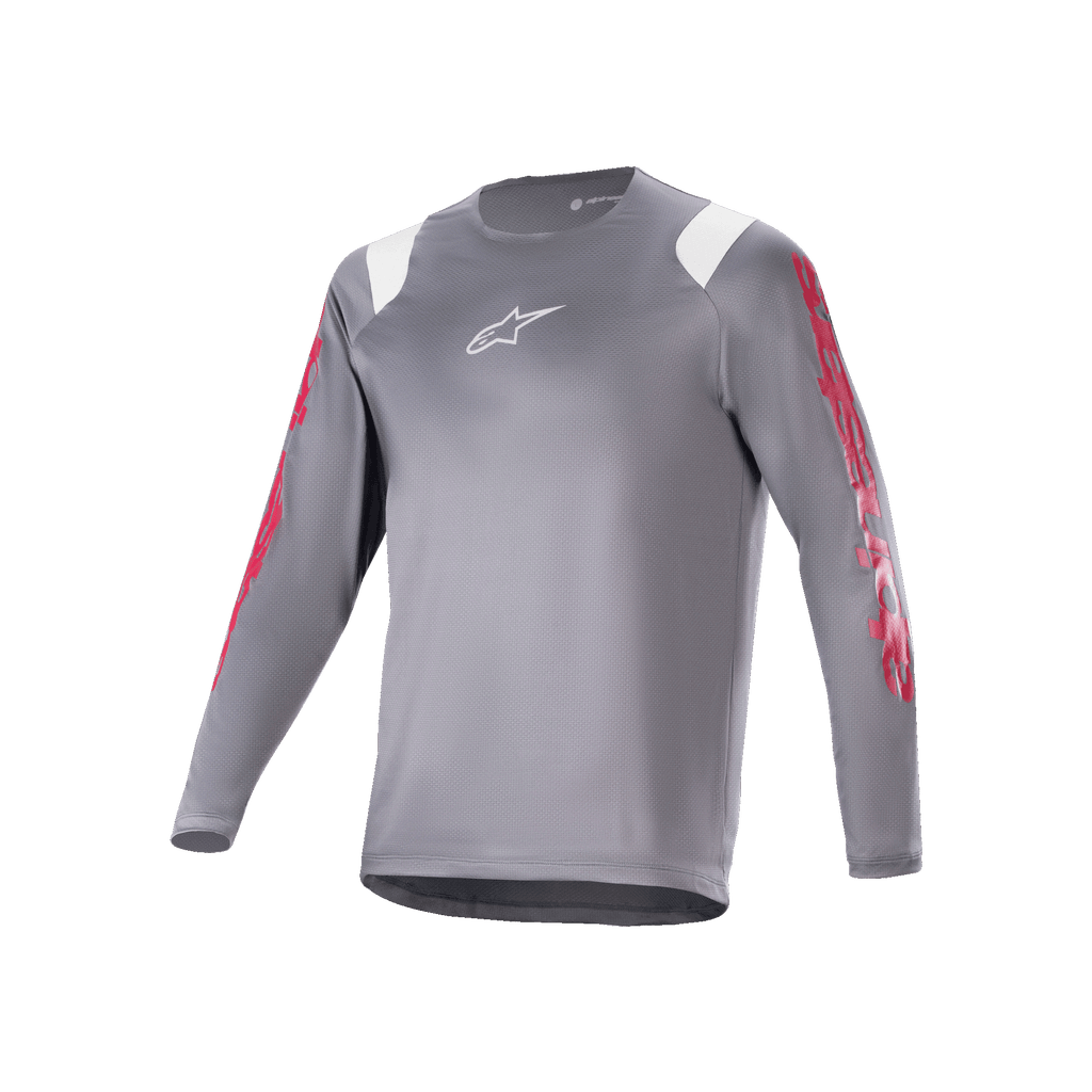 Alpinestars A-Supra Astar långärmad tröja, mörkgrå MTB-tröja med röd grafik på ärmarna och vita detaljer på axlarna, vit Astars-logotyp på bröstet, högpresterande cykelkläder för mountainbike