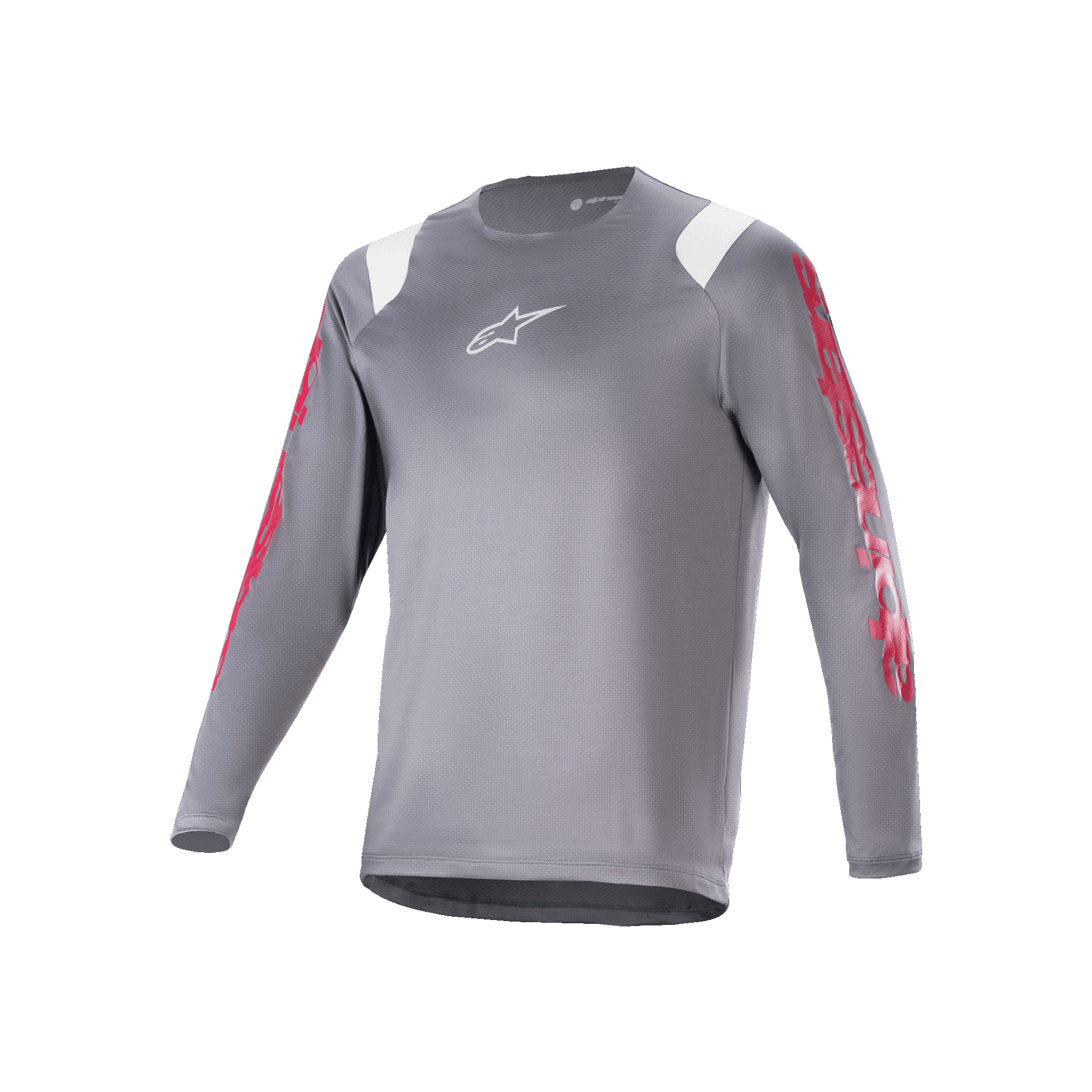 Alpinestars A-Supra Astar långärmad tröja, mörkgrå MTB-tröja med röd grafik på ärmarna och vita detaljer på axlarna, vit Astars-logotyp på bröstet, högpresterande cykelkläder för mountainbike