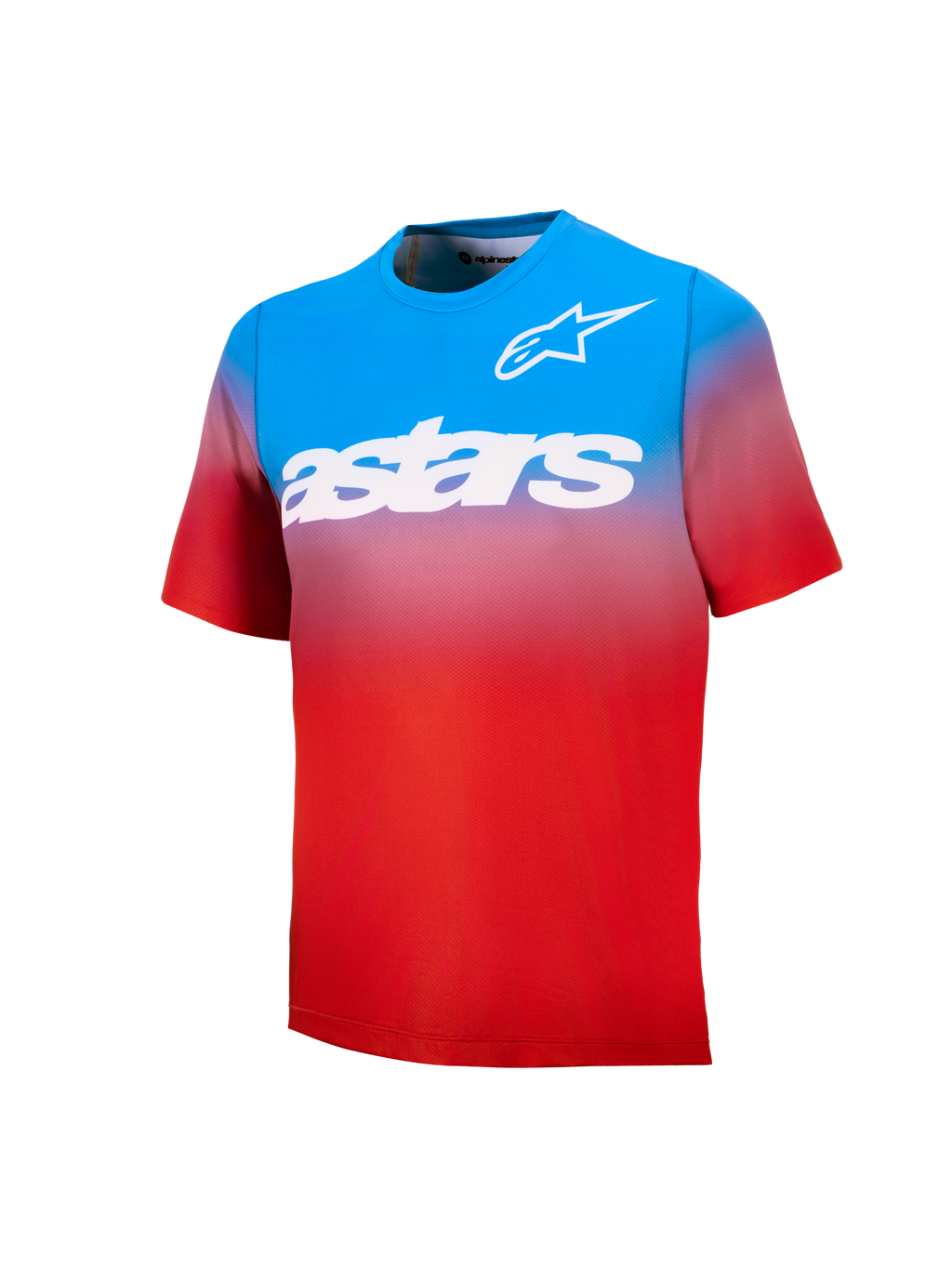 Ungdom A-Dura Astars 2.0, kortärmad MTB-tröja i blå och röd gradient med vita logotyper och ordmärke.
