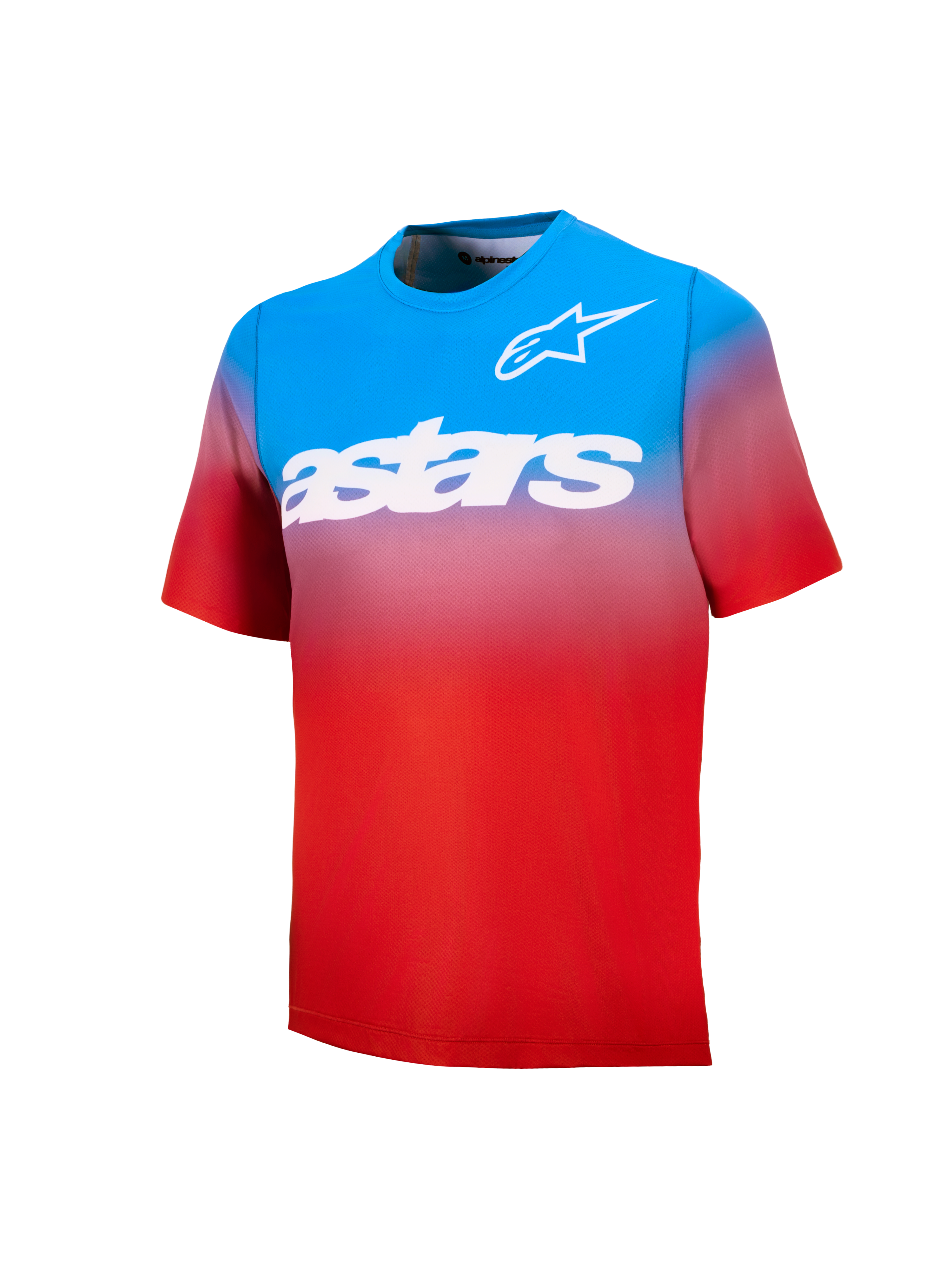 Ungdom A-Dura Astars 2.0, kortärmad MTB-tröja i blå och röd gradient med vita logotyper och ordmärke.