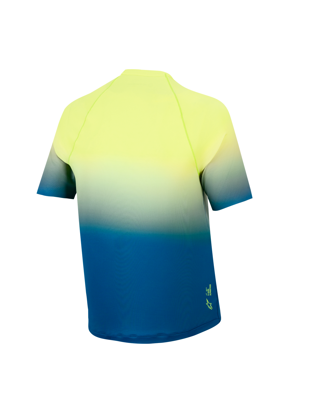 Ungdom A-Dura Astars Tröja 2.0, kortärmad MTB-tröja i gul till blå gradient, baksida med förlängt bakstycke.
