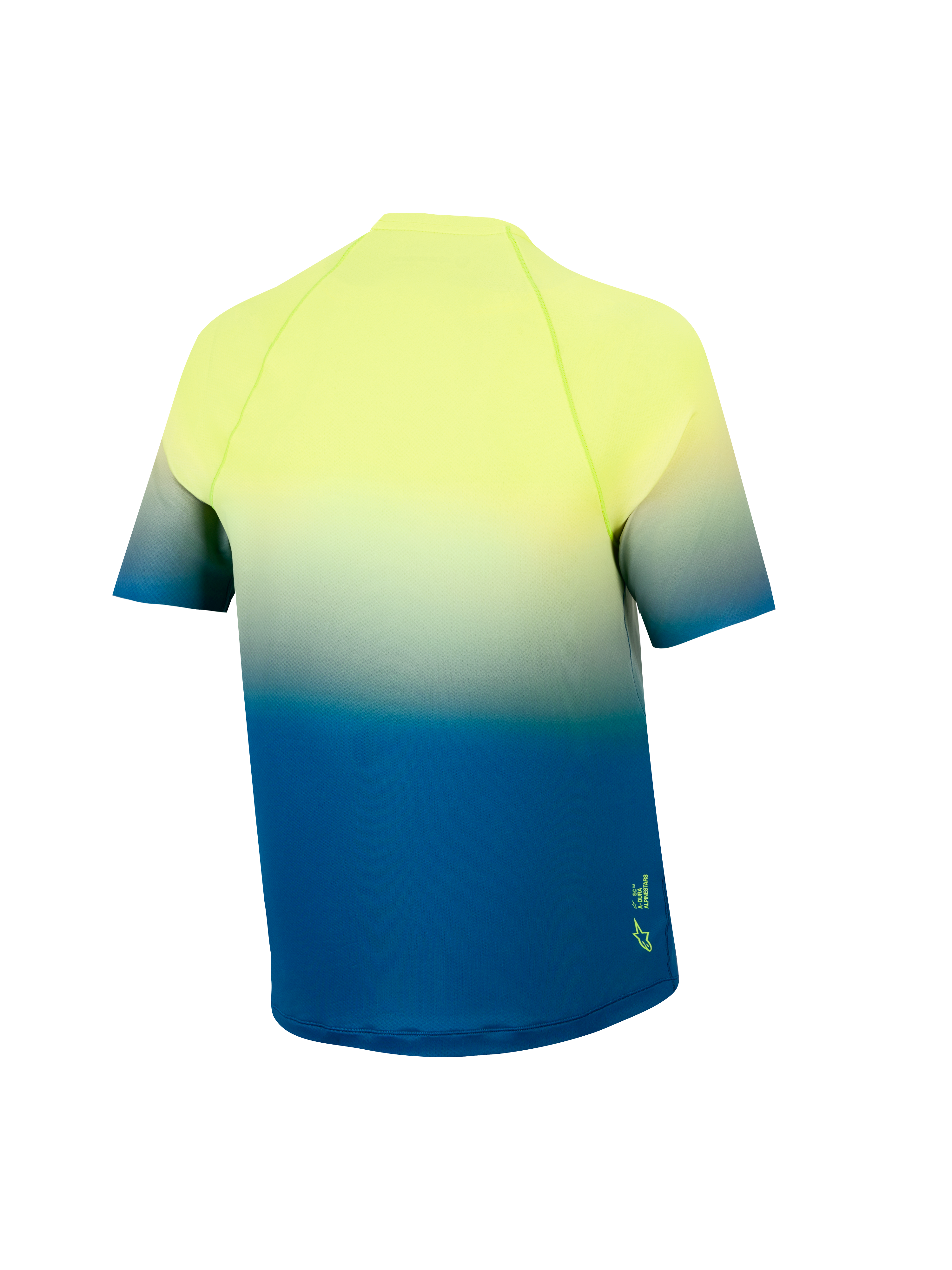 Ungdom A-Dura Astars Tröja 2.0, kortärmad MTB-tröja i gul till blå gradient, baksida med förlängt bakstycke.
