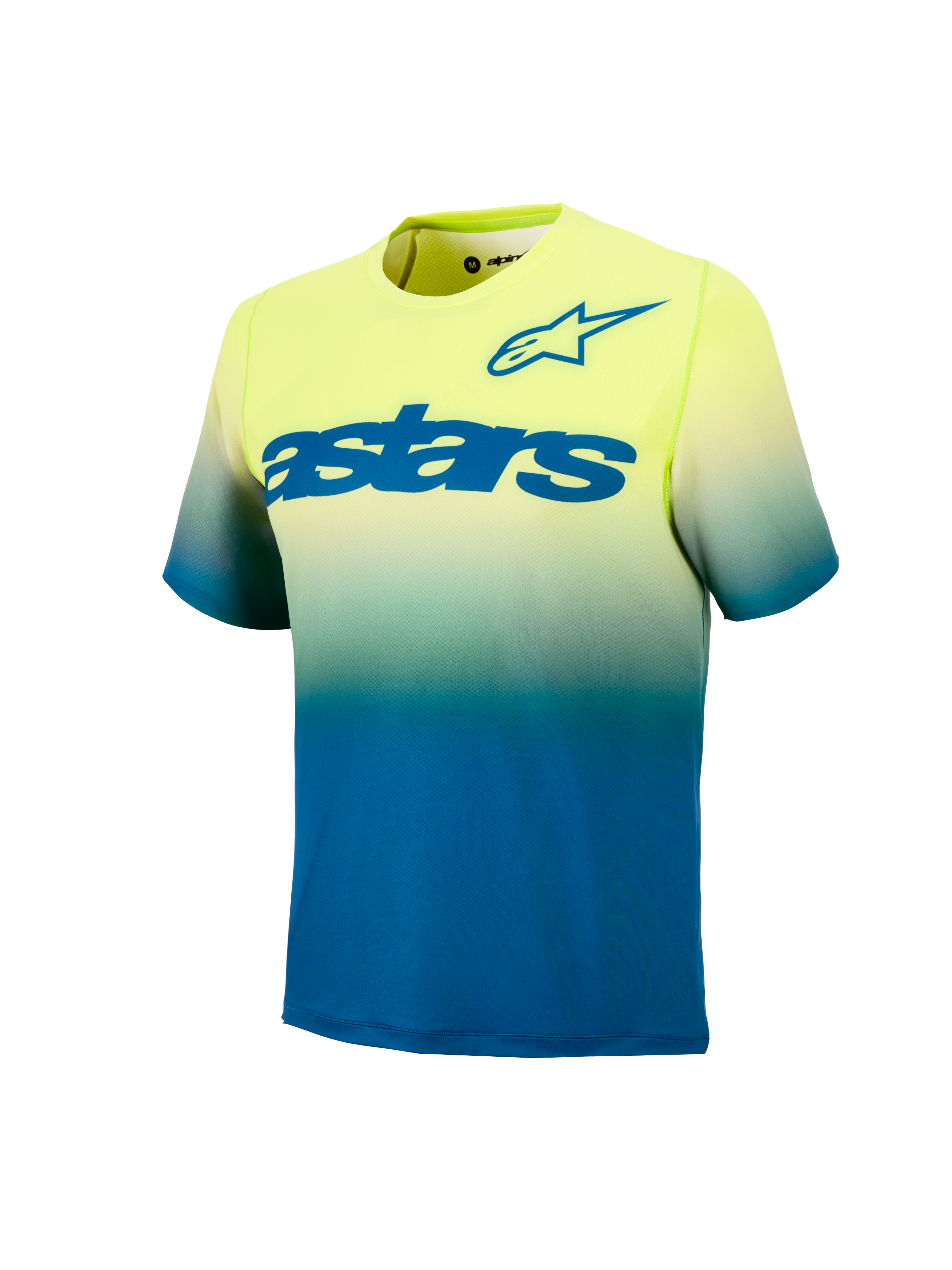 Ungdom A-Dura Astars Tröja 2.0, kortärmad MTB-tröja i gul och blå gradient med stora blå logotyper.