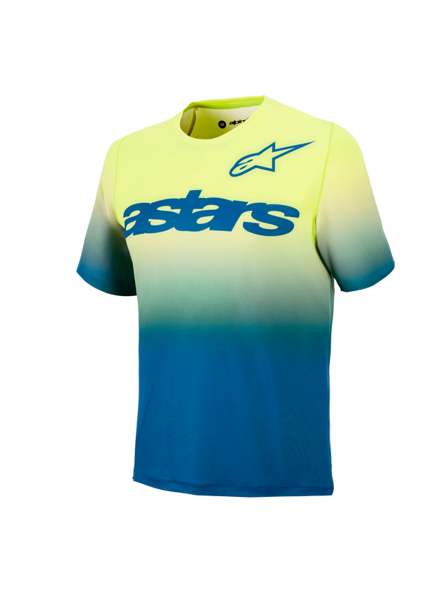 Ungdom A-Dura Astars Tröja 2.0, kortärmad MTB-tröja i gul och blå gradient med stora blå logotyper.