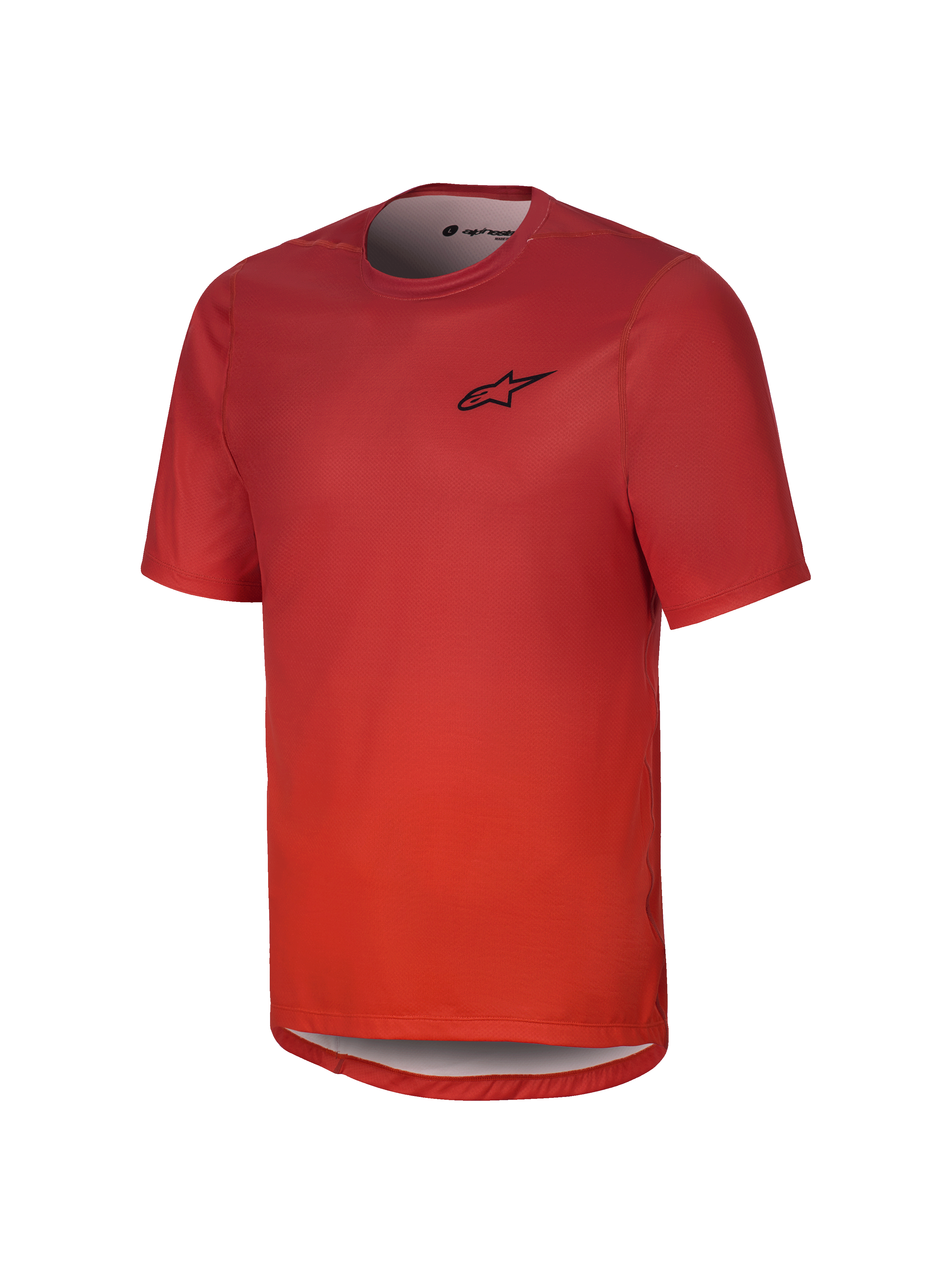 Alpinestars Youth A-Dura Rise kortärmad tröja, Spicy Orange, svart logotyp på bröstet, rund halsringning och förlängd rygg, andningsbart jacquardtyg för mountainbike-cykling