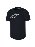 Alpinestars Youth A-Dura kortärmad tröja, svart MTB-tröja, stor vit Astars-logotyp på bröstet, rund halsringning, avslappnade funktionskläder för mountainbike