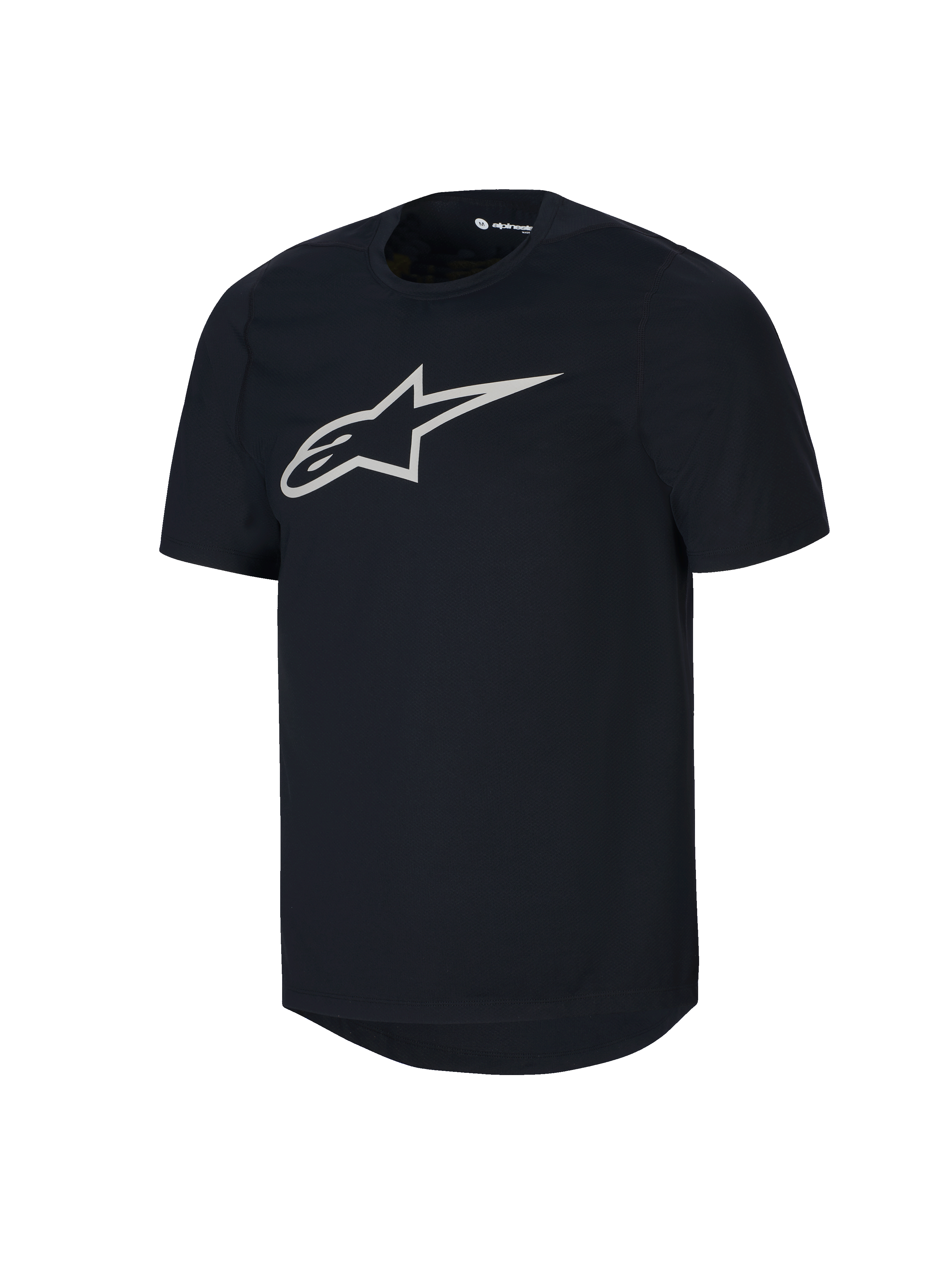 Alpinestars Youth A-Dura kortärmad tröja, svart MTB-tröja, stor vit Astars-logotyp på bröstet, rund halsringning, avslappnade funktionskläder för mountainbike