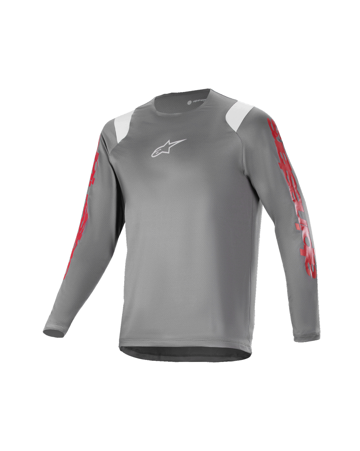 Alpinestars Youth A Supra Astar Long Sleeve Jersey, Dark Gray with white shoulder accents and red sleeve branding, white chest logo, breathable technical fabric, round neckline, athletic performance fit for mountain biking