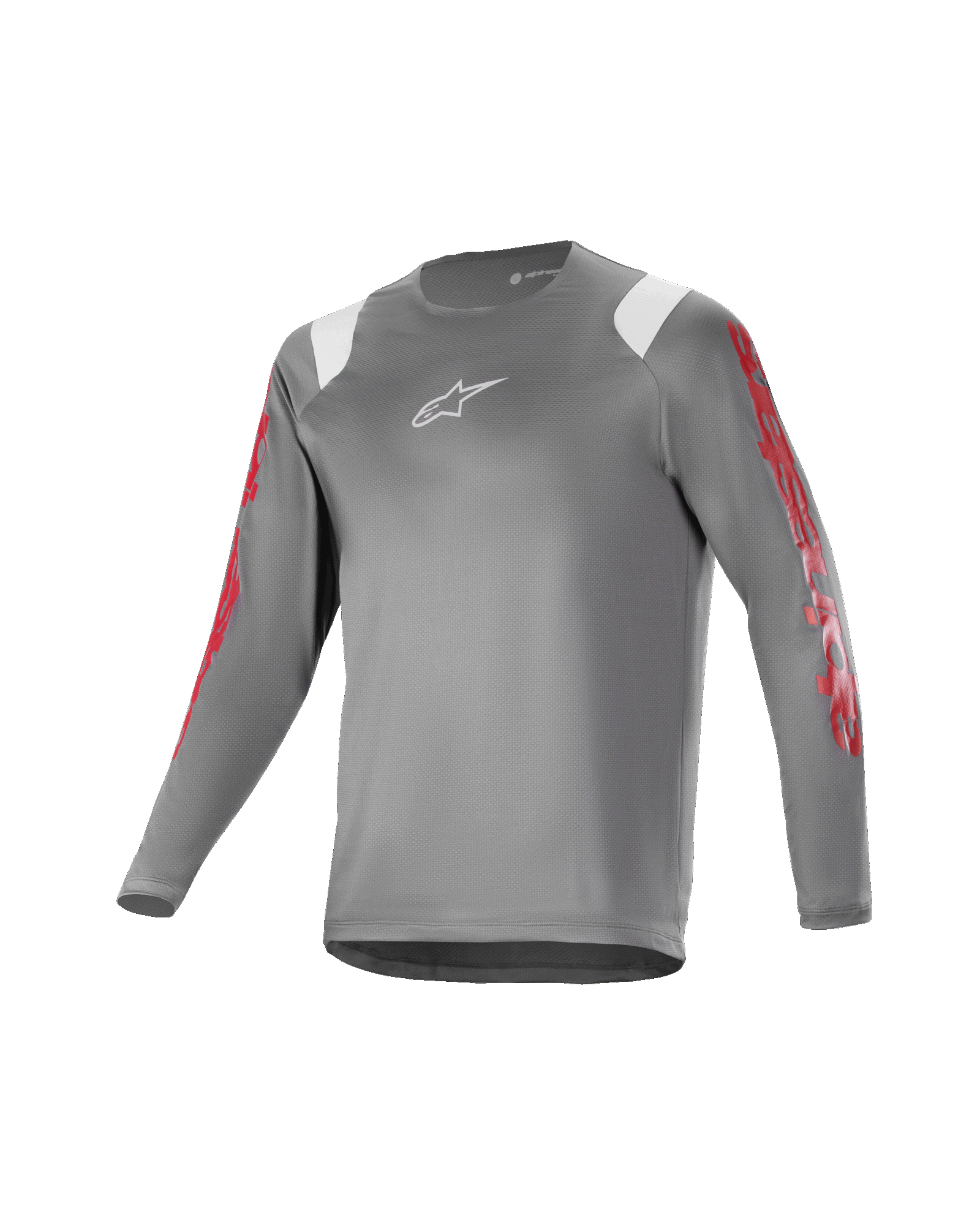 Alpinestars Youth A Supra Astar långärmad tröja, mörkgrå med vita axeldetaljer och rött tryck på ärmarna, vit logotyp på bröstet, ventilerande tekniskt material, rund halsringning, atletisk passform för mountainbike