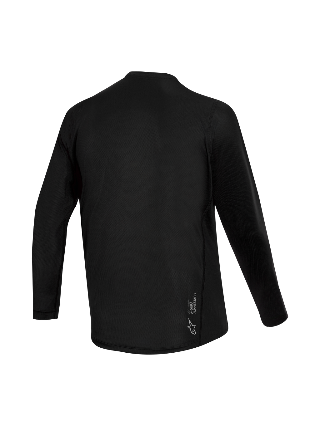 Svart Stella A-Dura Ride långärmad damtröja sedd bakifrån, med jacquard-textur och Alpinestars-logotyp.