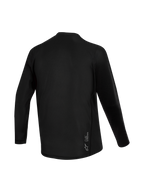 Svart Stella A-Dura Ride långärmad damtröja sedd bakifrån, med jacquard-textur och Alpinestars-logotyp.