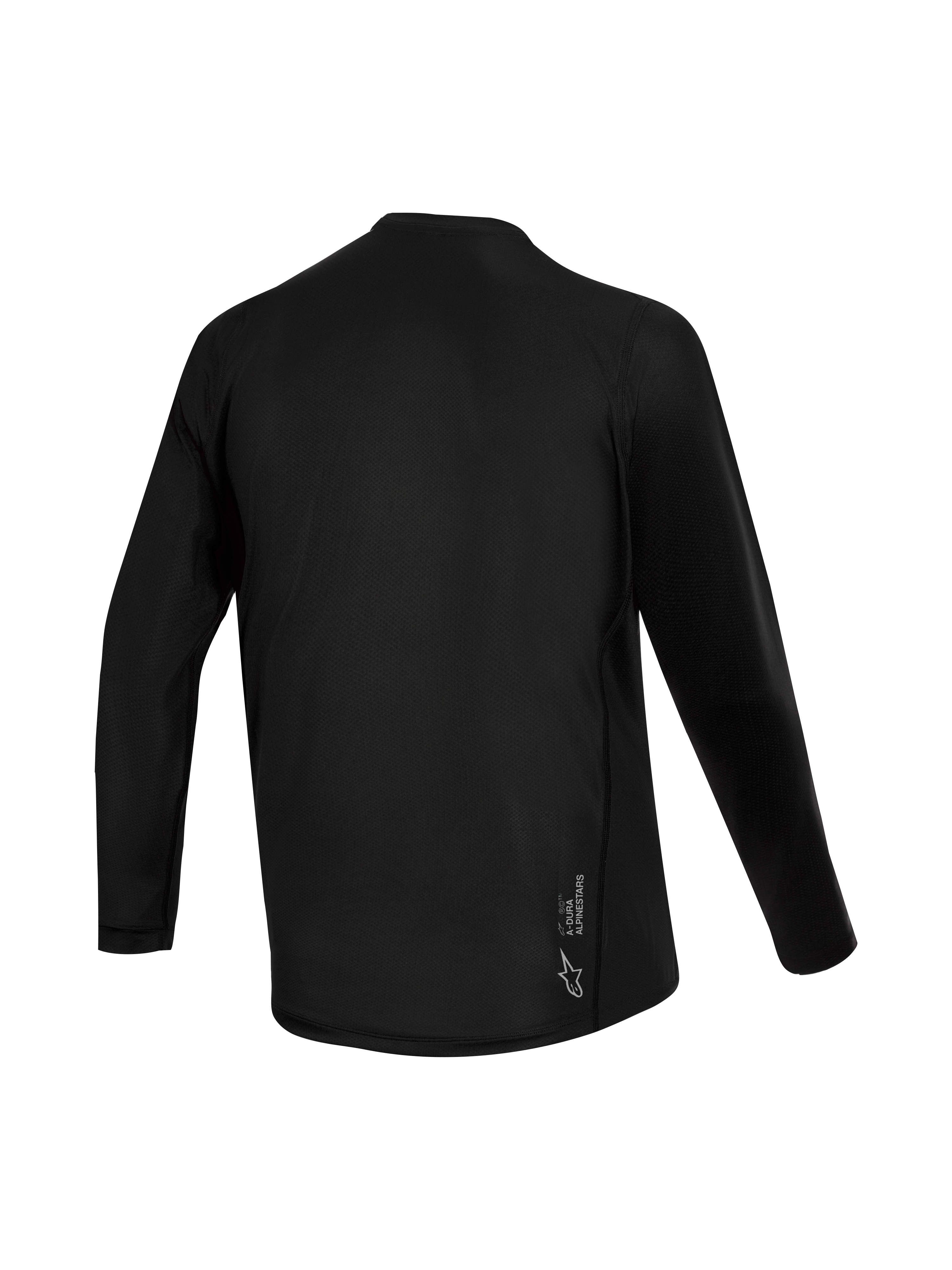Svart Stella A-Dura Ride långärmad damtröja sedd bakifrån, med jacquard-textur och Alpinestars-logotyp.