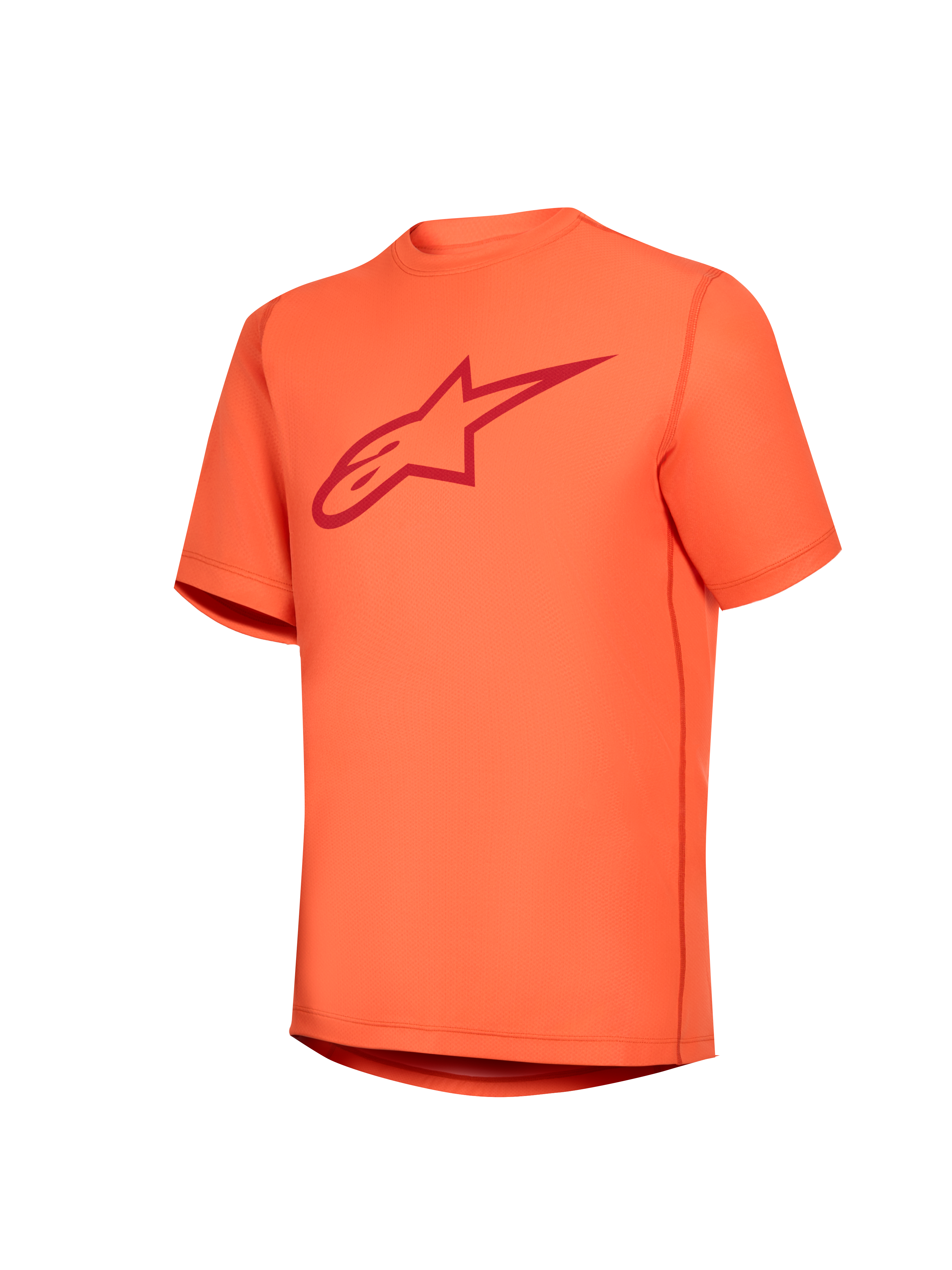 Orange Stella A-Dura Ride kortärmad tröja för dam med röd Astars-logotyp på bröstet, funktionella MTB-kläder.