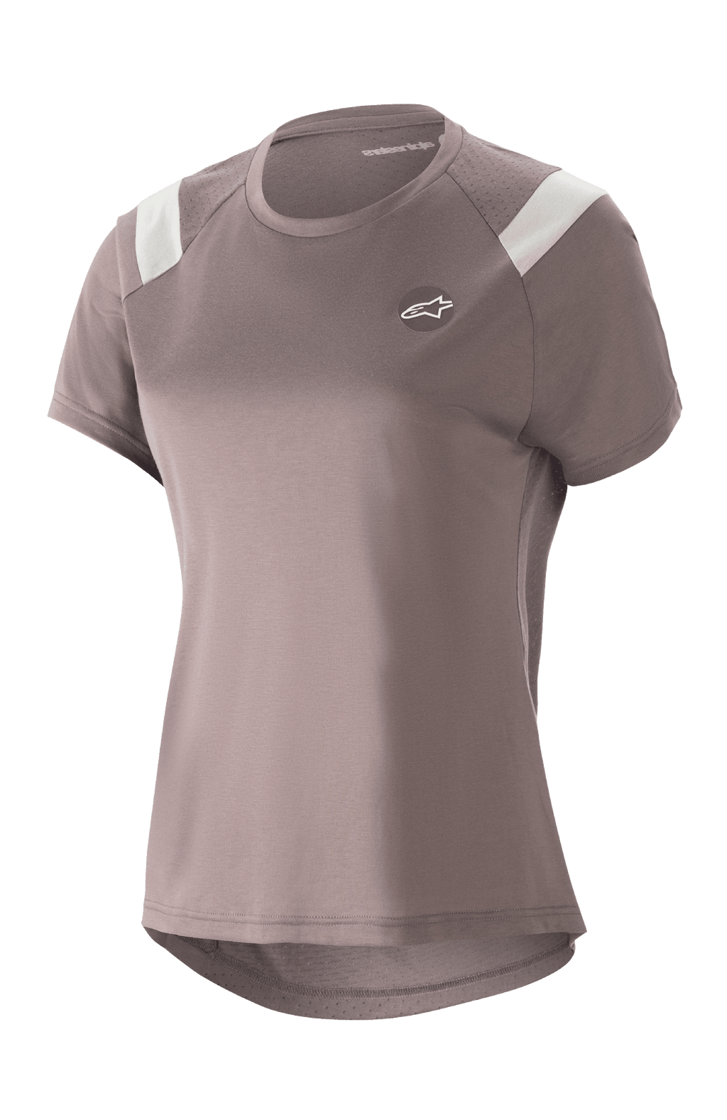 Alpinestars Stella Alps Escape Jersey för damer, kortärmad MTB-tröja, Sparrow Gray med vita detaljer på axlarna, perforerade meshpaneler för andningsförmåga, rundad förlängd bakkant, liten cirkulär Astar-logotyp på bröstet, avslappnad sportig passform för mountainbike