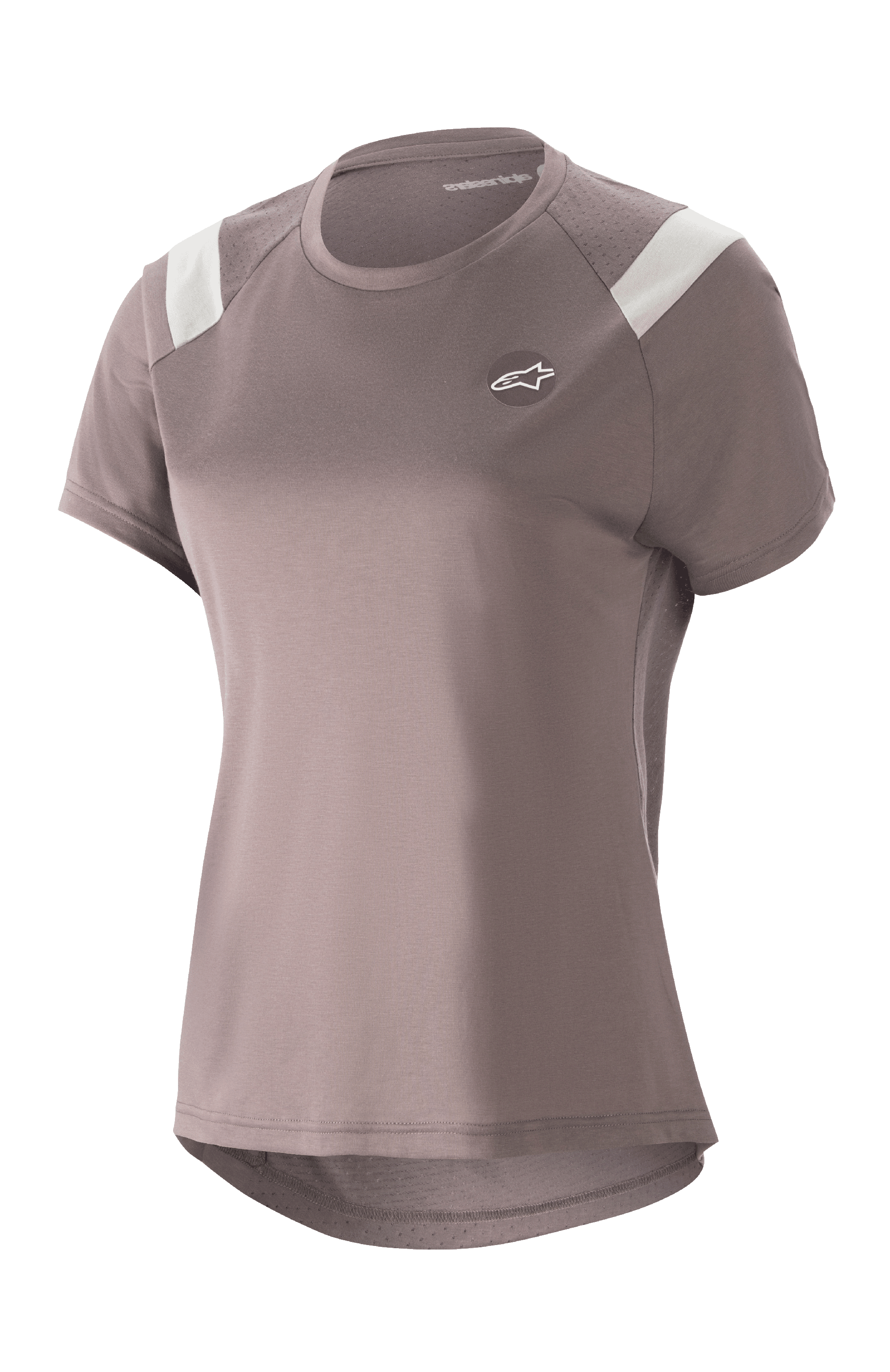 Alpinestars Women Stella Alps Escape Jersey, Short Sleeve MTB Shirt, Sparrow Gray with white shoulder accents, perforated mesh panels for breathability, curved drop tail hem, small circular Astar logo on chest, casual sporty fit for mountain biking