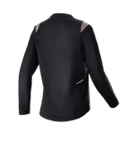 Alpinestars Stella Alps Escape långärmad tröja för dam, svart med grå axeldetaljer, vy bakifrån som visar perforerad meshpanel för ventilation och liten Alpinestars-logotyp, MTB-cykelutrustning