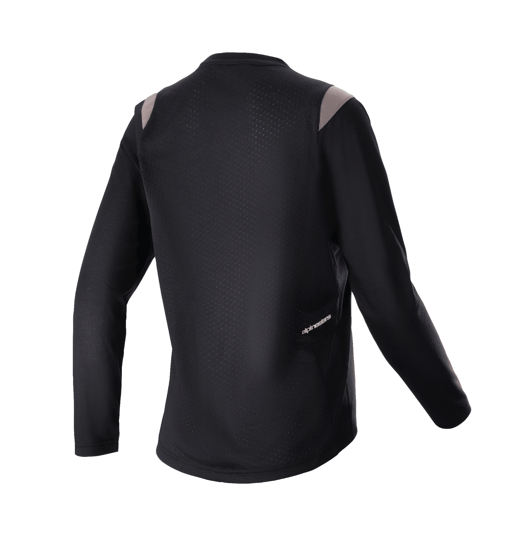 Alpinestars Stella Alps Escape långärmad tröja för dam, svart med grå axeldetaljer, vy bakifrån som visar perforerad meshpanel för ventilation och liten Alpinestars-logotyp, MTB-cykelutrustning