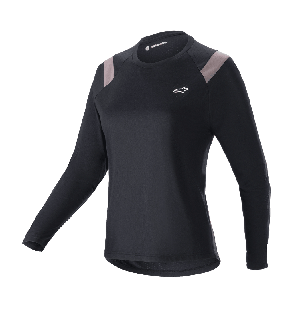 Alpinestars Stella Alps Escape Jersey, långärmad MTB-tröja för dam, svart med ljusgrå axelpartier, rund hals, liten vit logotyp på bröstet, sportig atletisk passform