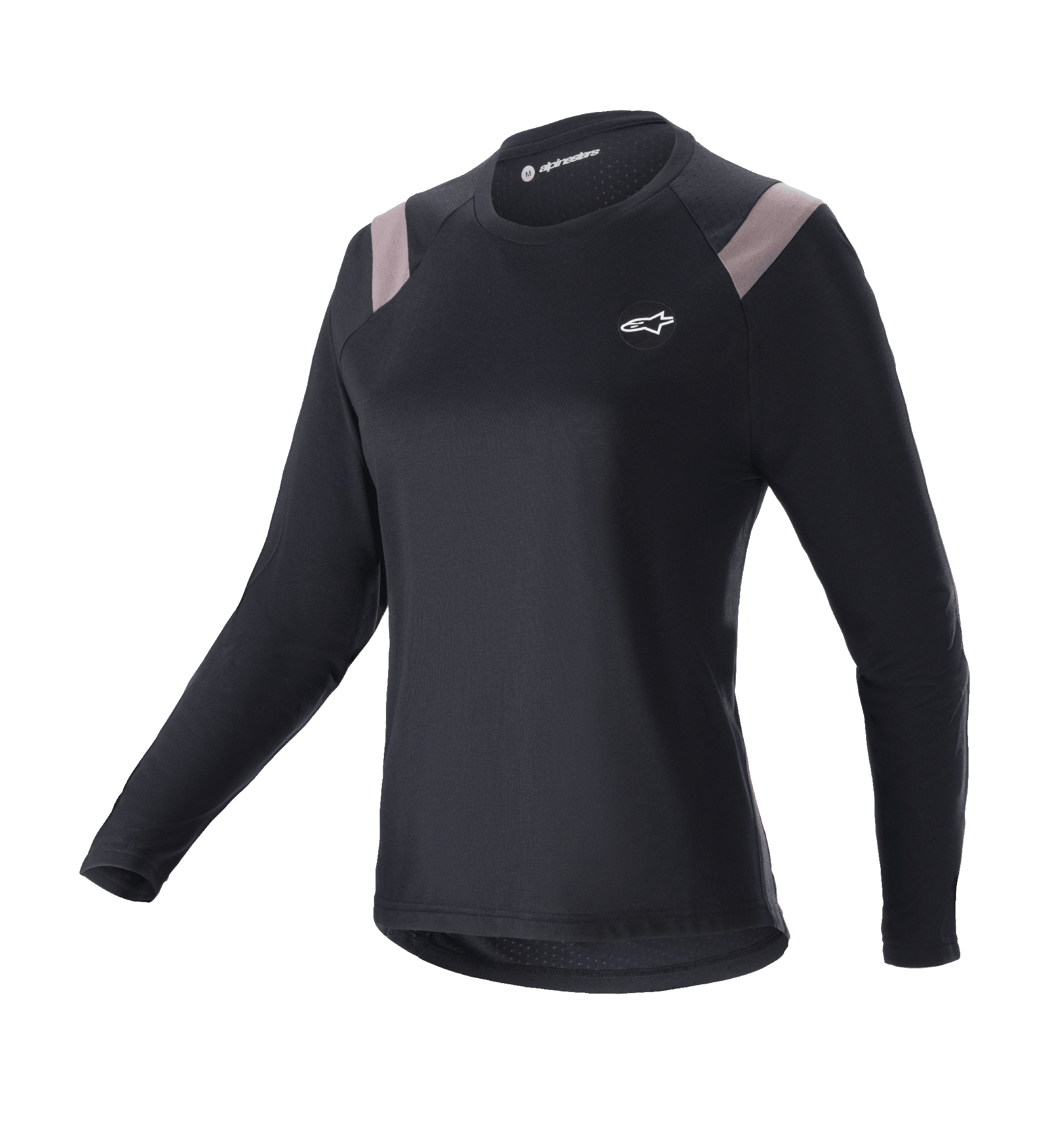 Alpinestars Stella Alps Escape Jersey, långärmad MTB-tröja för dam, svart med ljusgrå axelpartier, rund hals, liten vit logotyp på bröstet, sportig atletisk passform