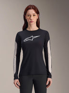 Alpinestars Stella A-Dura Dri Astar tröja för damer, långärmad mountainbiketröja, svart med vit logotyp och ljusgrå meshpaneler på ärmarna, funktionella cykelkläder för damer