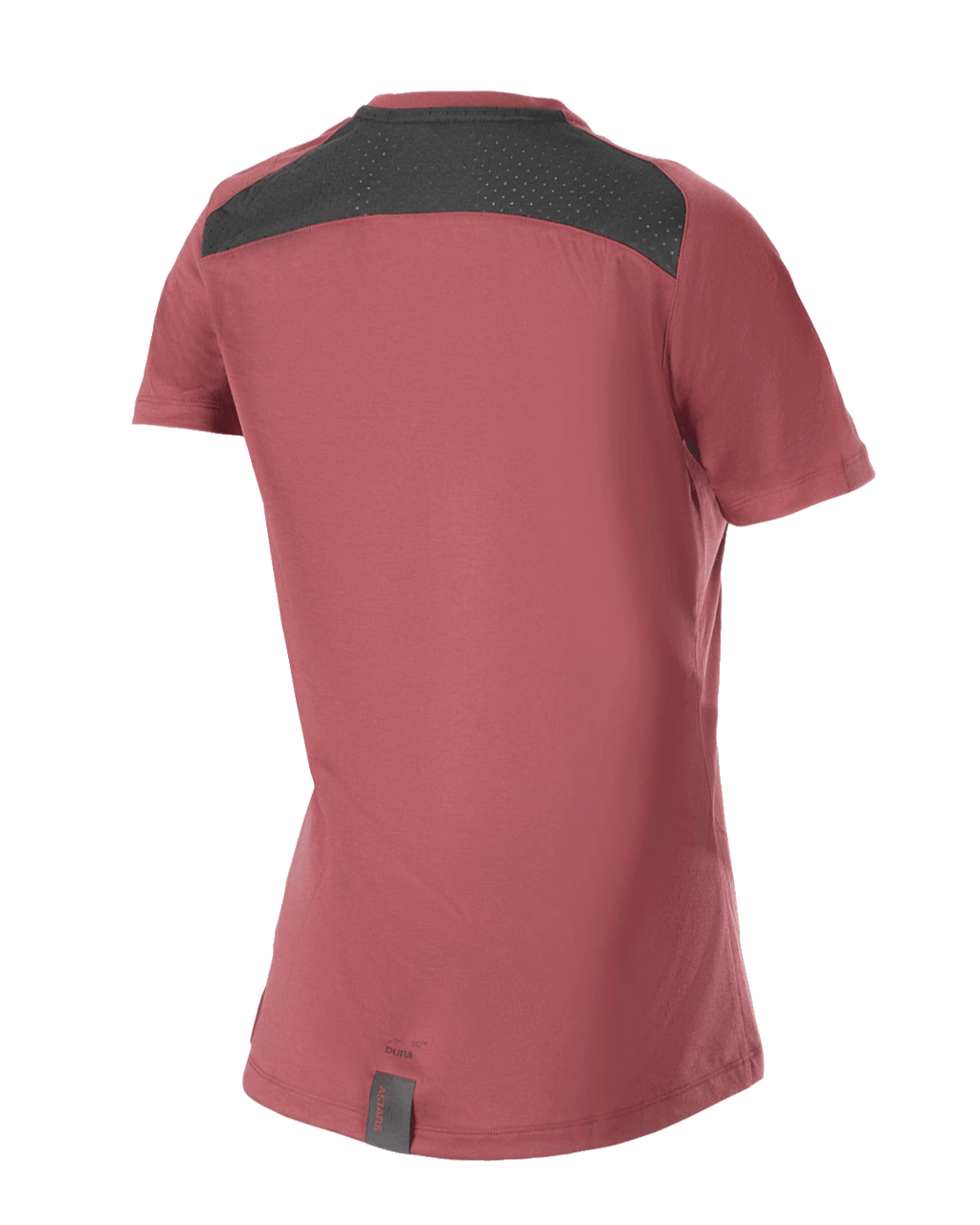Alpinestars Stella A-Dura Dri Switch tröja för dam, kortärmad mountainbike-tröja, vinröd, baksida med svart nätpanel för ventilation och förlängt bakstycke