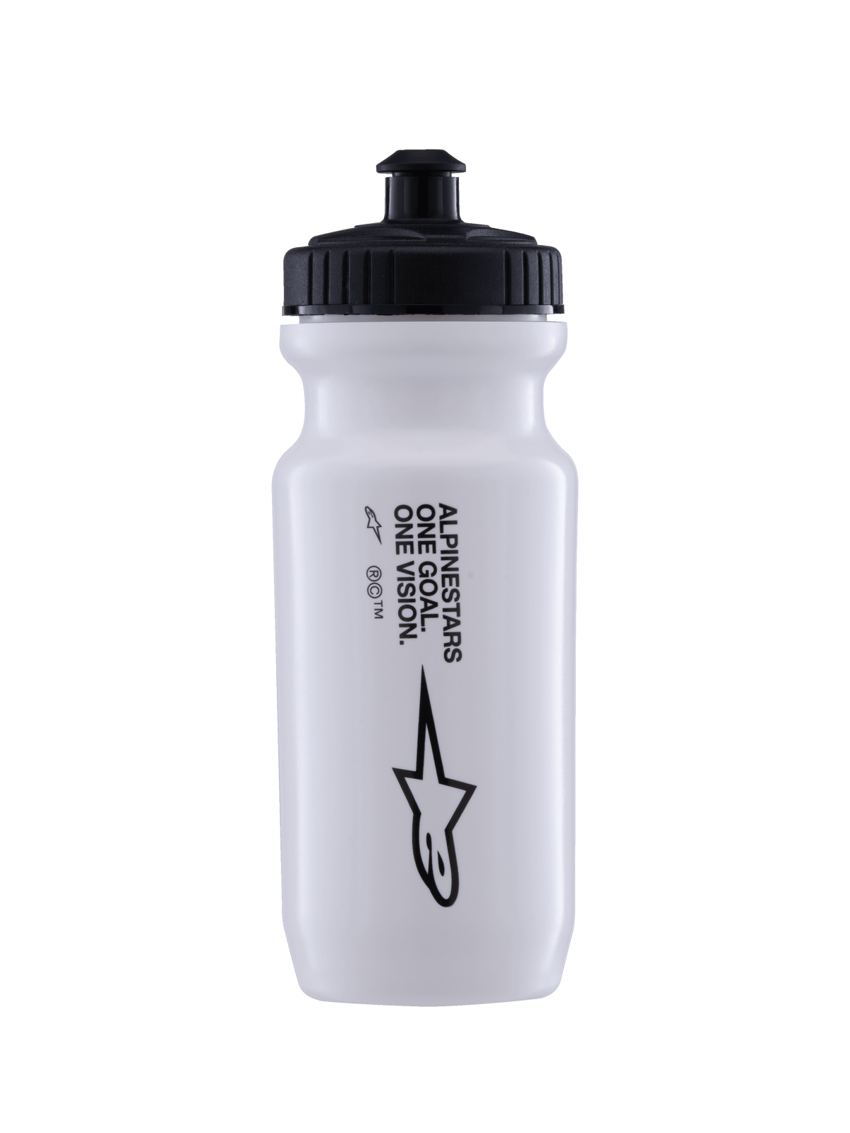 Alpinestars Water Bottle Ogov 20Oz, White with Black Cap, featuring 'One Goal One Vision' text and Alpinestars logo, push-pull spout, cylindrical squeeze design for cycling hydration