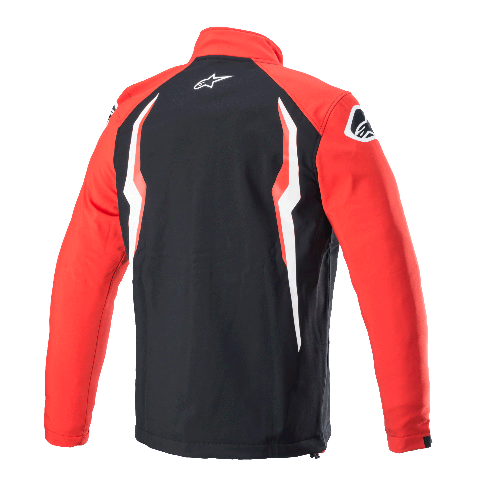 Alpinestars Honda Softshell-jacka, röd och svart, baksida med svart mittpanel och röda ärmar, vit och röd kontrastgrafik, Alpinestars-logotyp på nacken och axeln, sportig motorsportinspirerad softshell-design