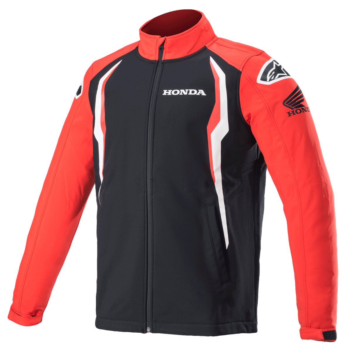 Alpinestars Honda Softshell-jacka, sportjacka, röd och svart med vita detaljer, kontrastpaneler, hög krage med dragkedja fram, Honda- och Alpinestars-logotyper på bröst och axlar, motorsportinspirerade livsstilskläder