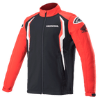 Alpinestars Honda Softshell-jacka, sportjacka, röd och svart med vita detaljer, kontrastpaneler, hög krage med dragkedja fram, Honda- och Alpinestars-logotyper på bröst och axlar, motorsportinspirerade livsstilskläder