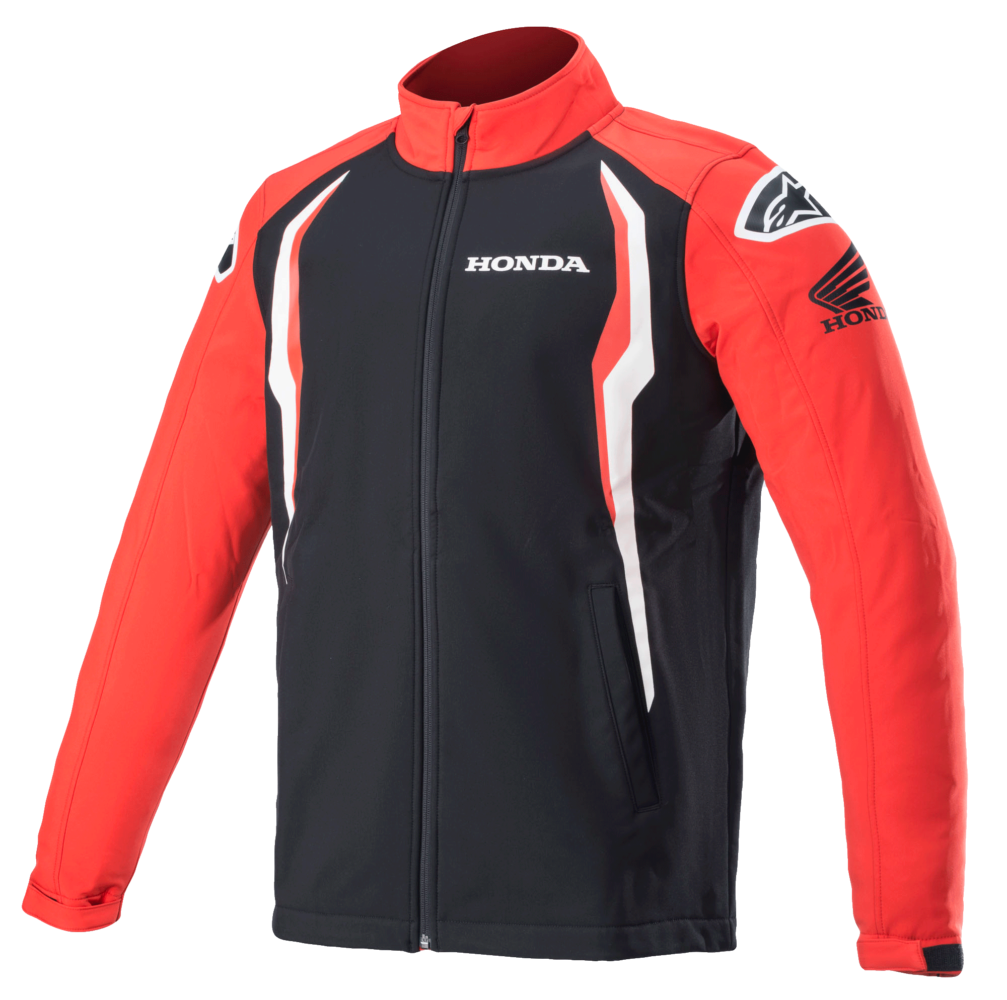 Alpinestars Honda Softshell-jacka, sportjacka, röd och svart med vita detaljer, kontrastpaneler, hög krage med dragkedja fram, Honda- och Alpinestars-logotyper på bröst och axlar, motorsportinspirerade livsstilskläder