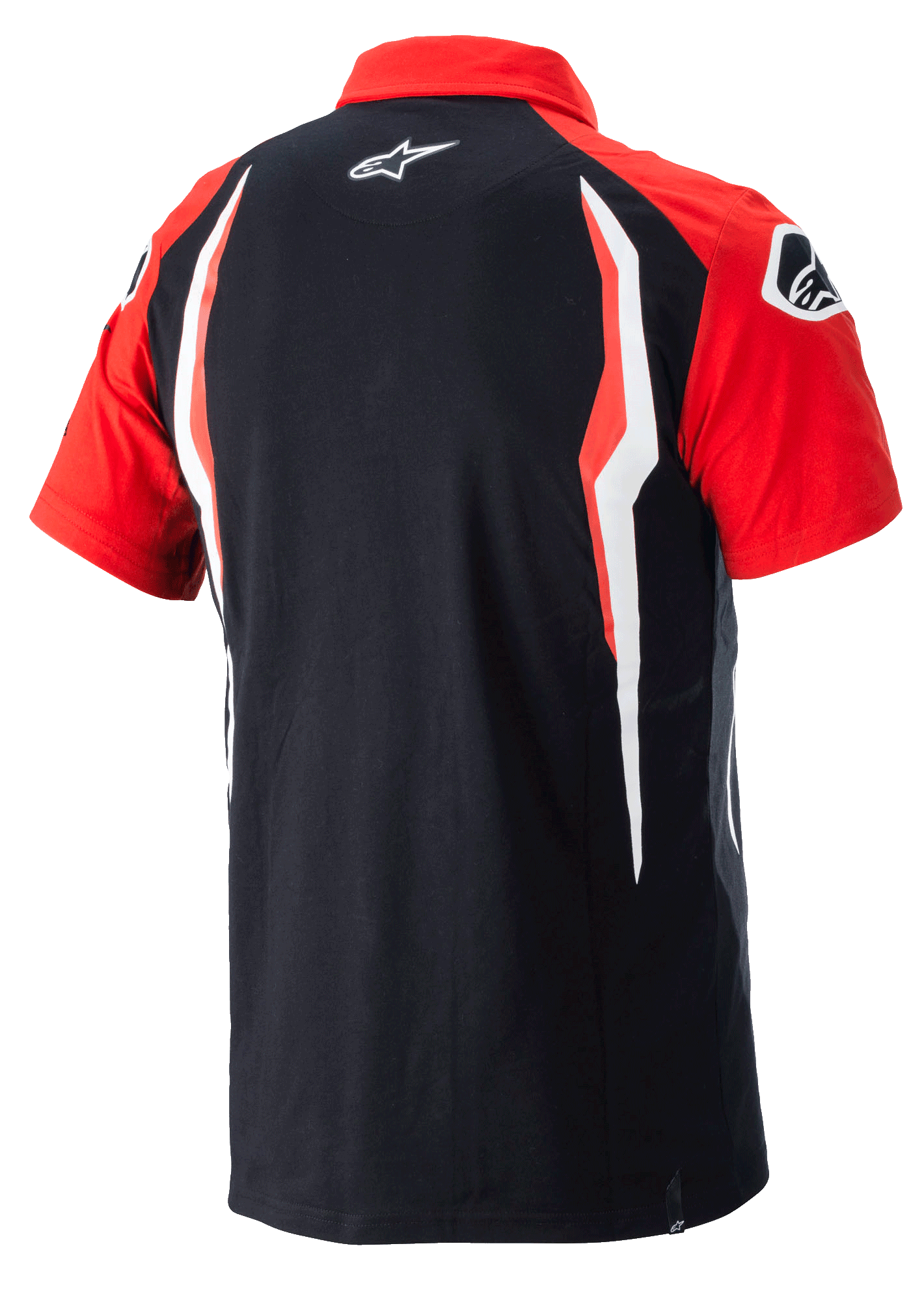 Alpinestars Honda Polo, Short Sleeve Polo Shirt, Red and Black, Rear view featuring contrast side panels and Alpinestars logo on the back, Casual Motorsport Sportswear
