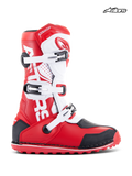 Alpinestars Tech-T stövlar, trialstövlar, röda, vita och svarta, läder- och mikrofiberkonstruktion med tre spännen och ergonomiskt skenbensskydd
