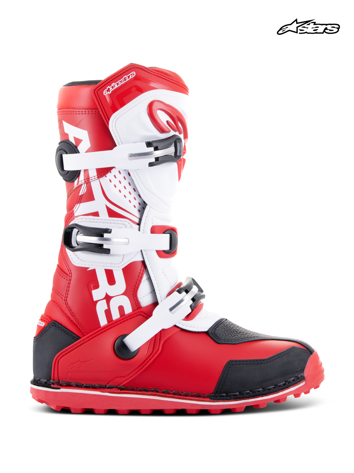 Alpinestars Tech-T stövlar, trialstövlar, röda, vita och svarta, läder- och mikrofiberkonstruktion med tre spännen och ergonomiskt skenbensskydd