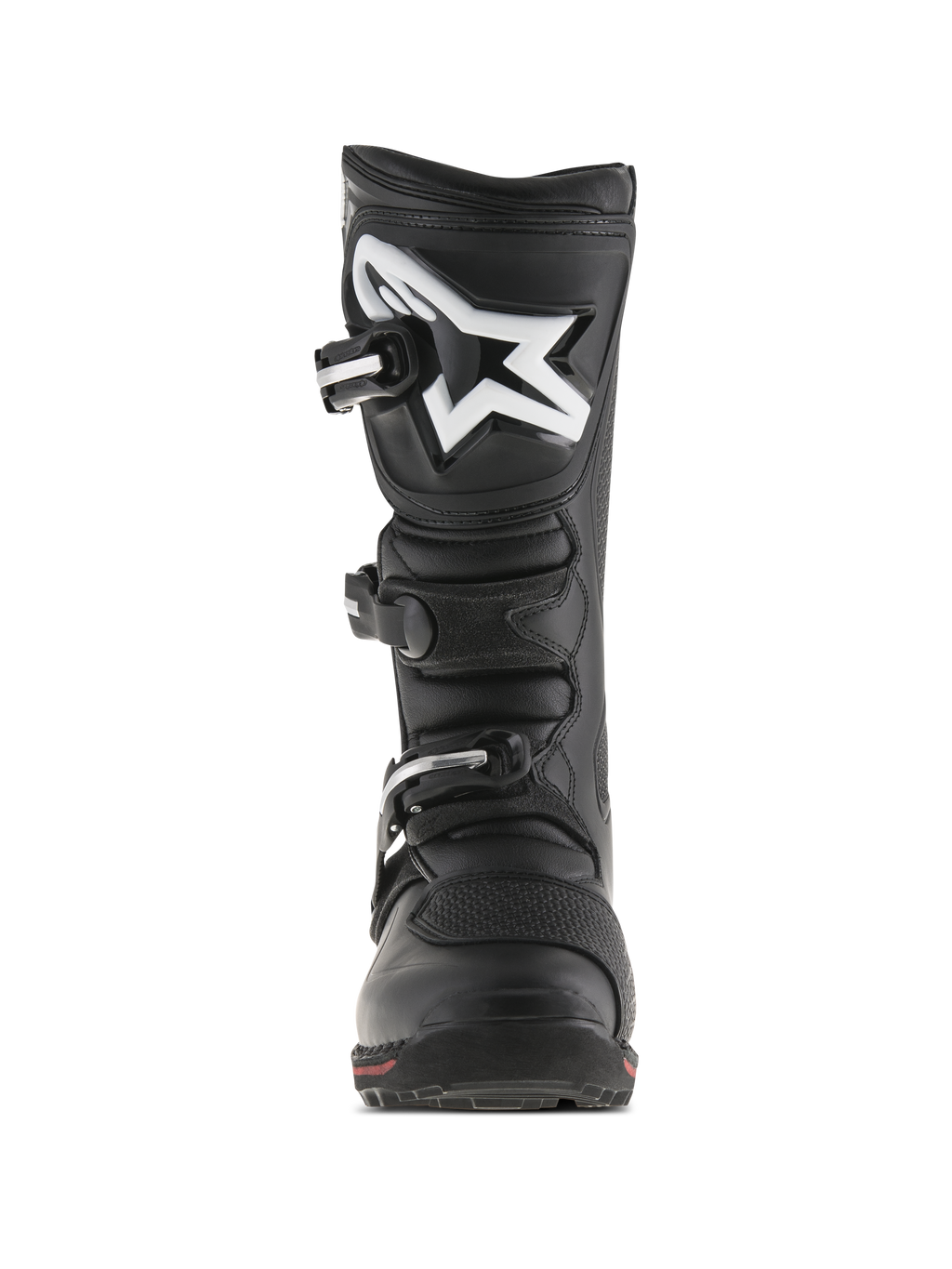 Alpinestars Tech-T stövlar, trialsstövlar, svarta och röda, vy framifrån med ergonomisk skenbensplatta med vit Astar-logotyp, stängningssystem med tre spännen och hållbar läderkonstruktion med en röd detalj på sulan.