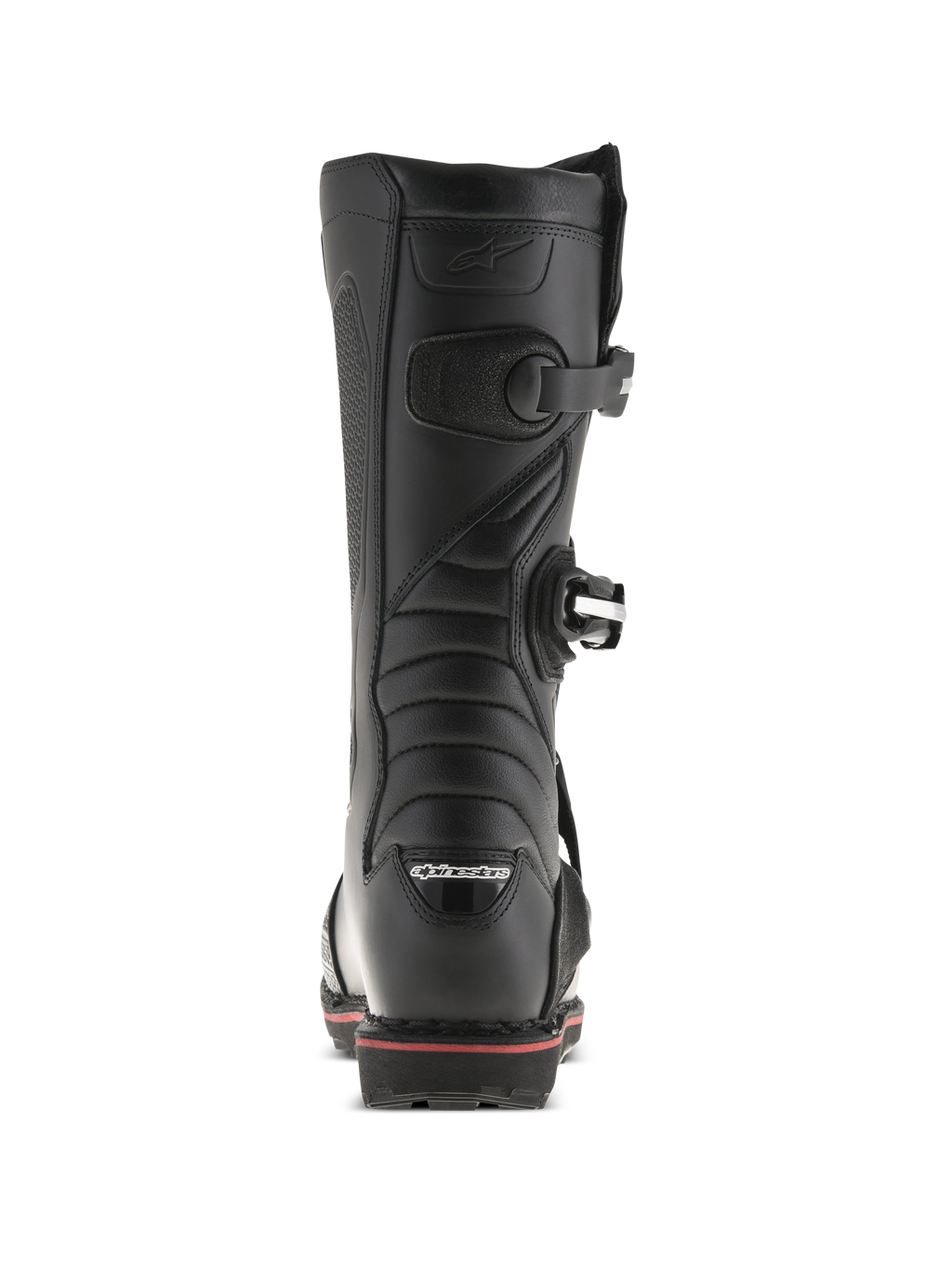 Alpinestars Tech-T stövlar, trialstövlar, svarta och röda, vy bakifrån som visar Alpinestars-logotyp på hälen, spännen och en röd accentlinje längs sulan, teknisk design för terrängkörning