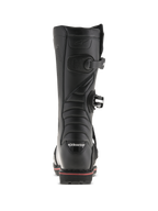 Alpinestars Tech-T stövlar, trialstövlar, svarta och röda, vy bakifrån som visar Alpinestars-logotyp på hälen, spännen och en röd accentlinje längs sulan, teknisk design för terrängkörning