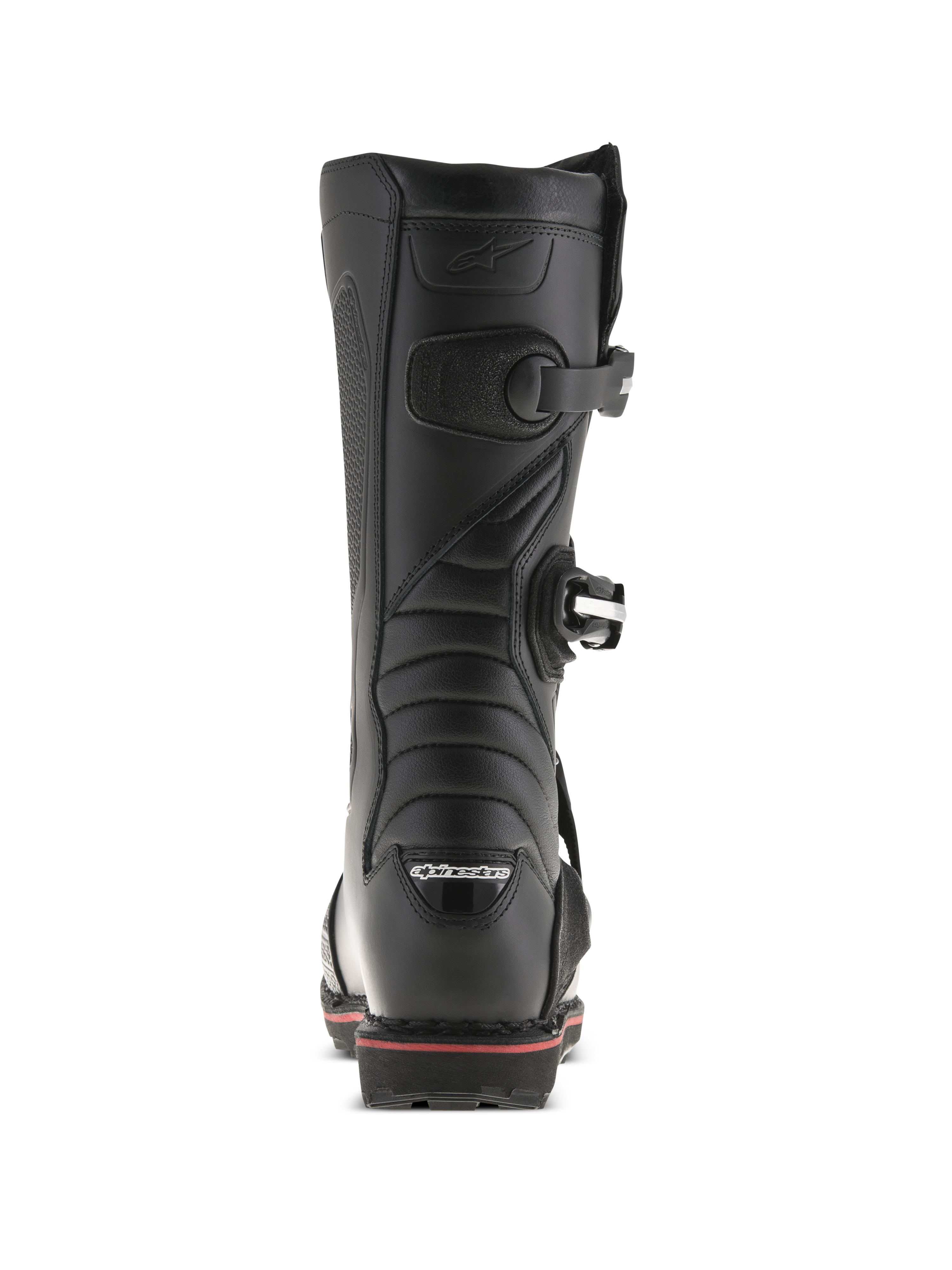 Alpinestars Tech-T stövlar, trialstövlar, svarta och röda, vy bakifrån som visar Alpinestars-logotyp på hälen, spännen och en röd accentlinje längs sulan, teknisk design för terrängkörning