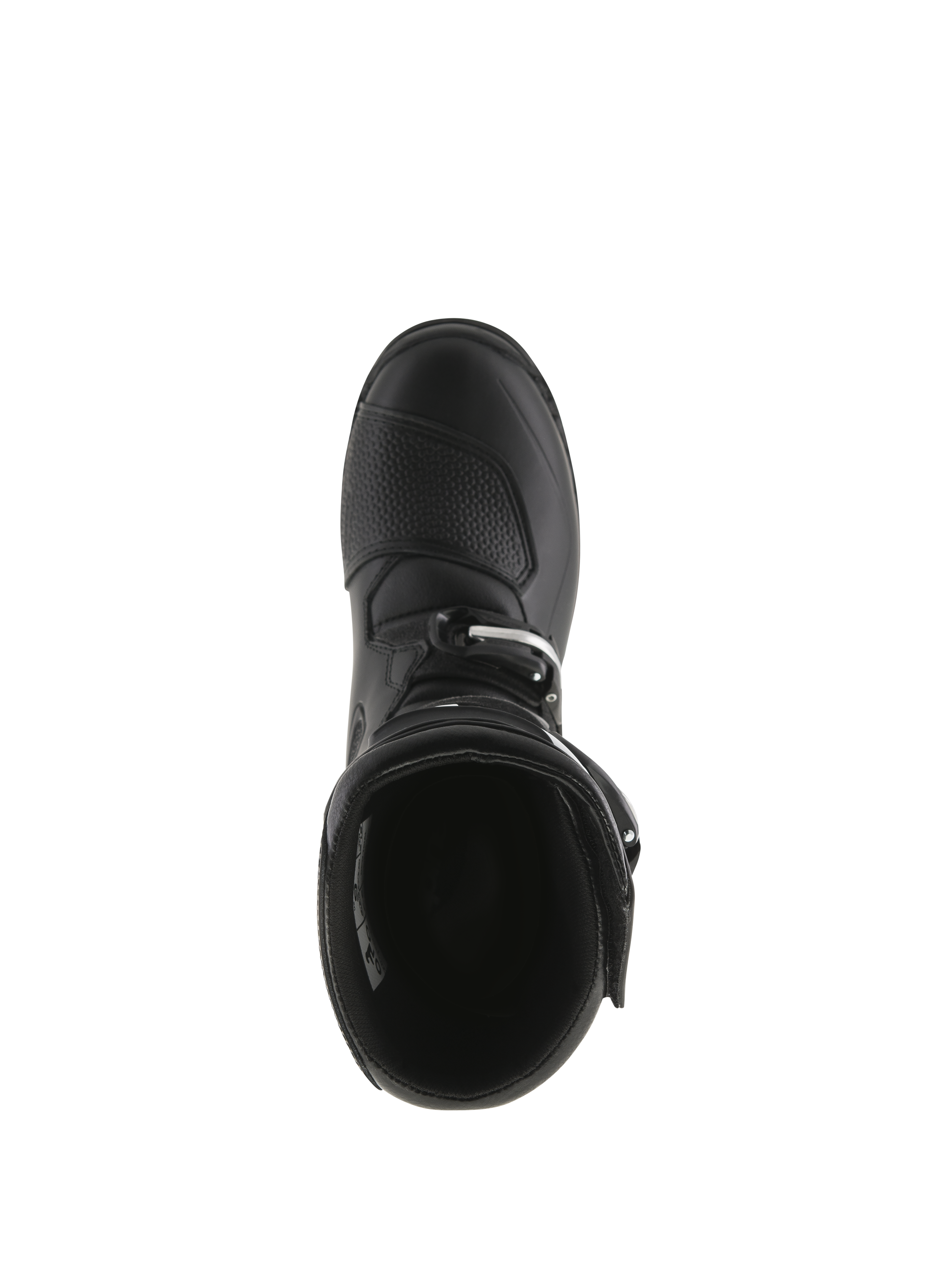 Alpinestars Tech-T stövlar, trialstövlar, svarta, vy uppifrån som visar den inre öppningen, texturerad växlingsplatta på tån och spännesstängning