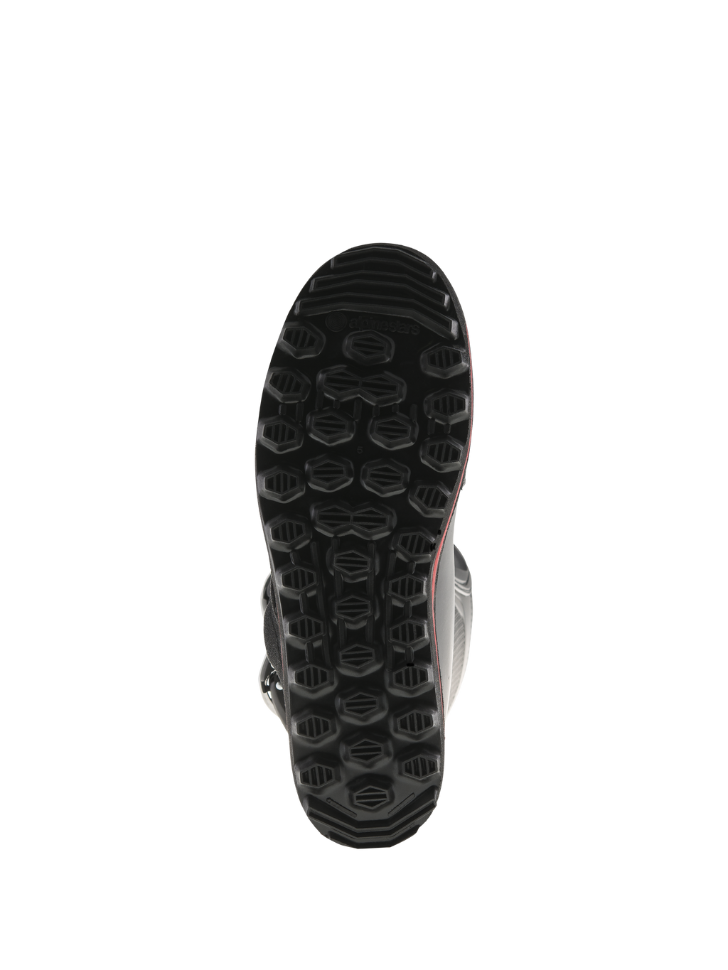 Alpinestars Tech-T stövlar, undersida av sulan, svart med röda detaljer, har ett texturerat hexagonalt mönster, specialutvecklad trialsula designad för maximalt grepp och känsla på fotpinnarna