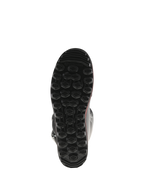 Alpinestars Tech-T stövlar, undersida av sulan, svart med röda detaljer, har ett texturerat hexagonalt mönster, specialutvecklad trialsula designad för maximalt grepp och känsla på fotpinnarna