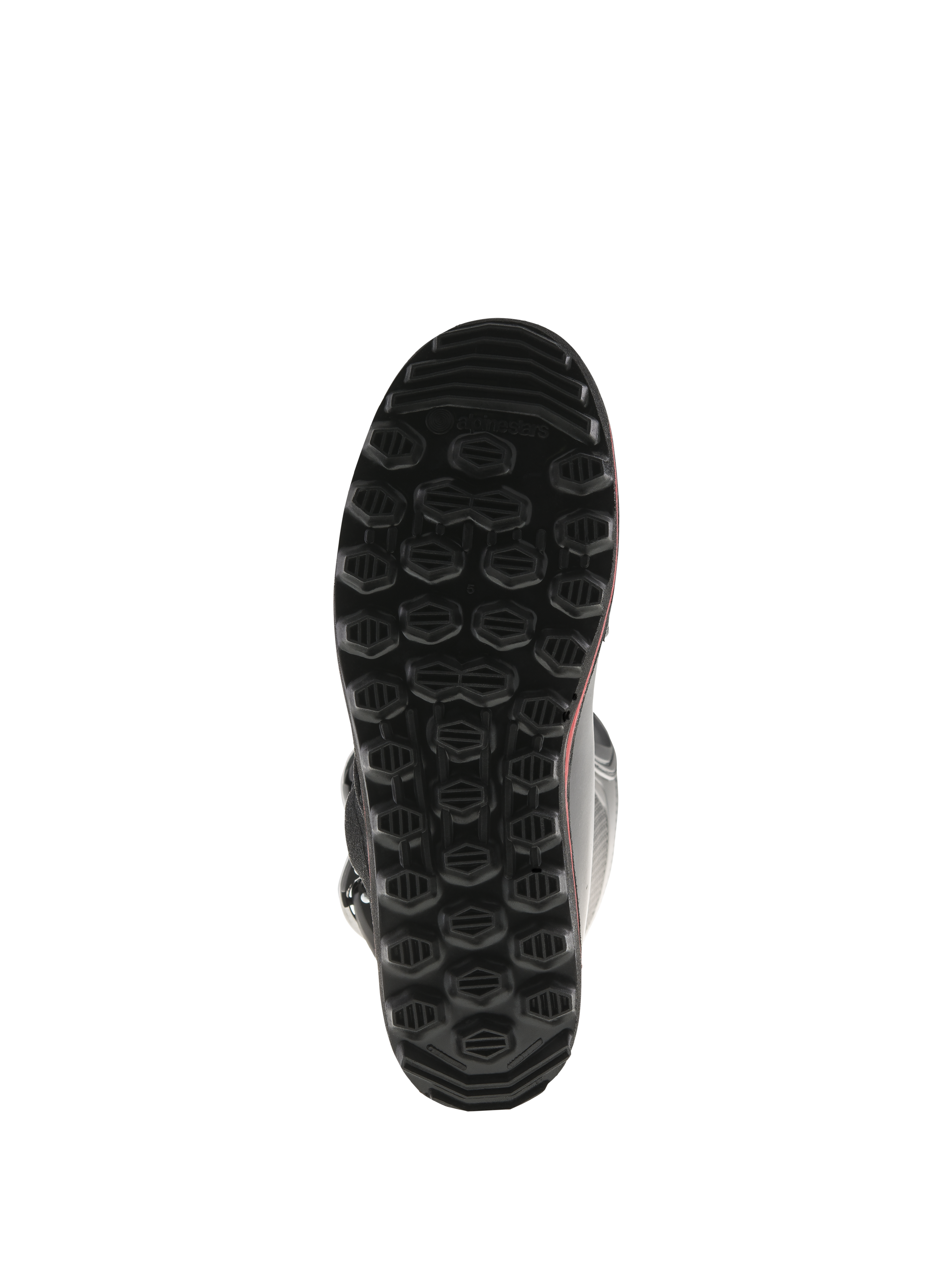 Alpinestars Tech-T stövlar, undersida av sulan, svart med röda detaljer, har ett texturerat hexagonalt mönster, specialutvecklad trialsula designad för maximalt grepp och känsla på fotpinnarna