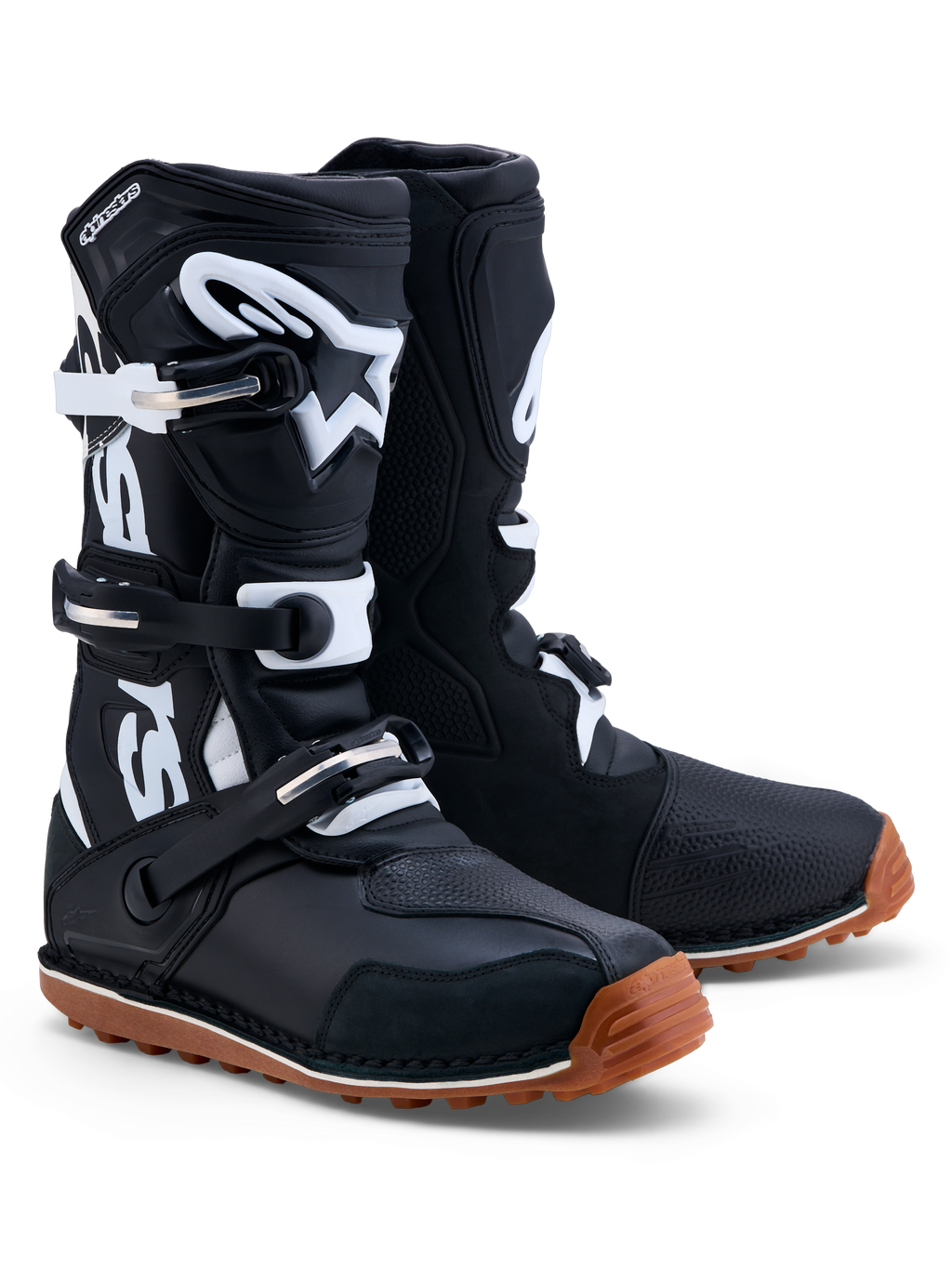 Alpinestars Tech-T stövlar, herrtrialstövlar, svarta och vita med brun gummisula, läder med TPU-skenbensplatta, CE-certifierade