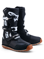 Alpinestars Tech-T stövlar, herrtrialstövlar, svarta och vita med brun gummisula, läder med TPU-skenbensplatta, CE-certifierade