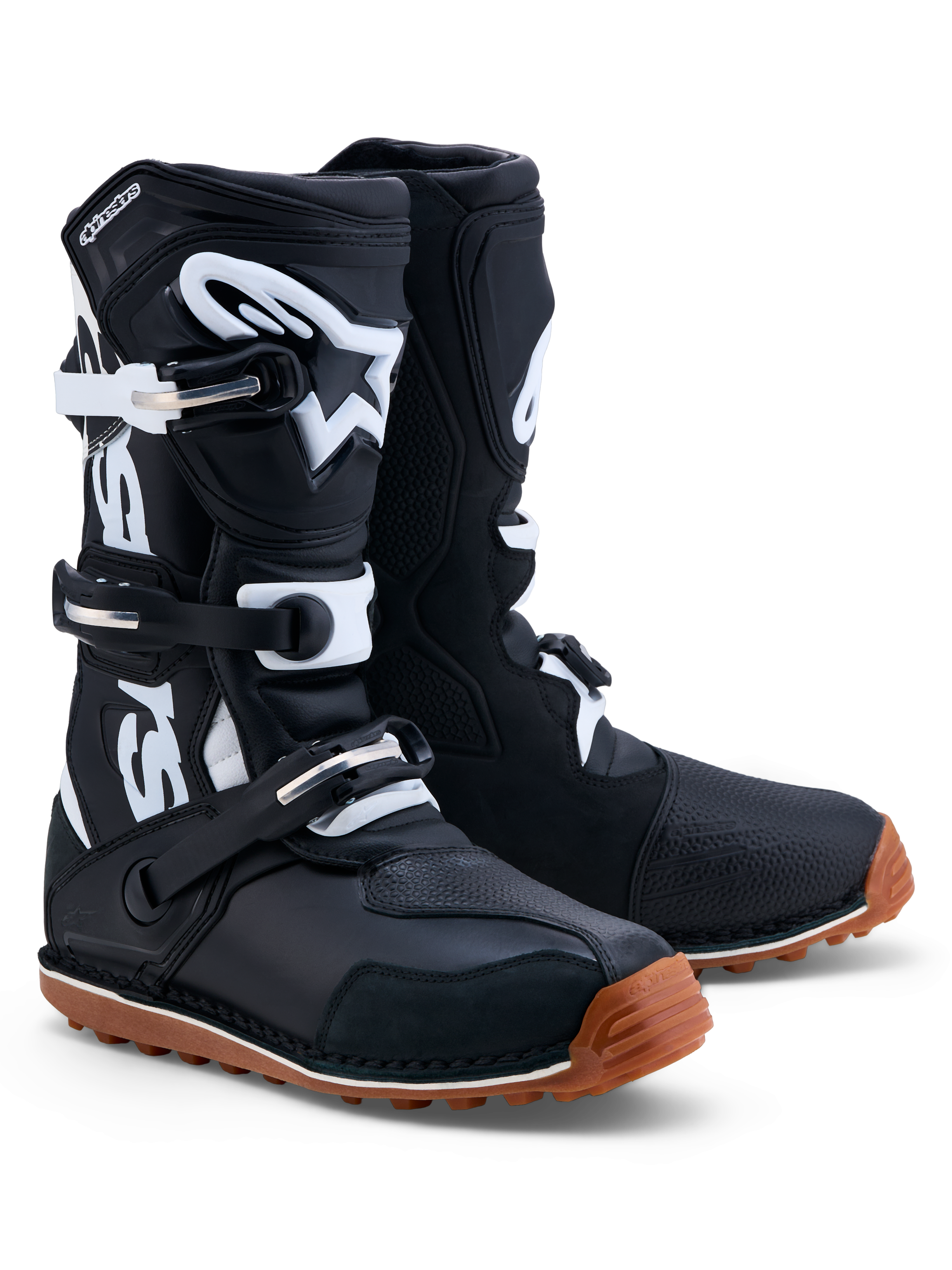 Alpinestars Tech-T stövlar, herrtrialstövlar, svarta och vita med brun gummisula, läder med TPU-skenbensplatta, CE-certifierade