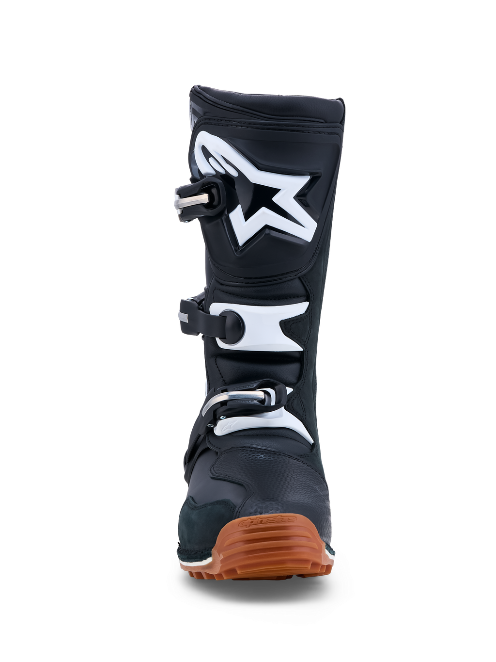 Alpinestars Tech-T stövlar, trials-motorcykelstövlar för herr, svarta och vita med gummifärgad sula, läderkonstruktion med TPU-skenbensplatta och spännessystem för optimalt grepp vid terrängkörning.
