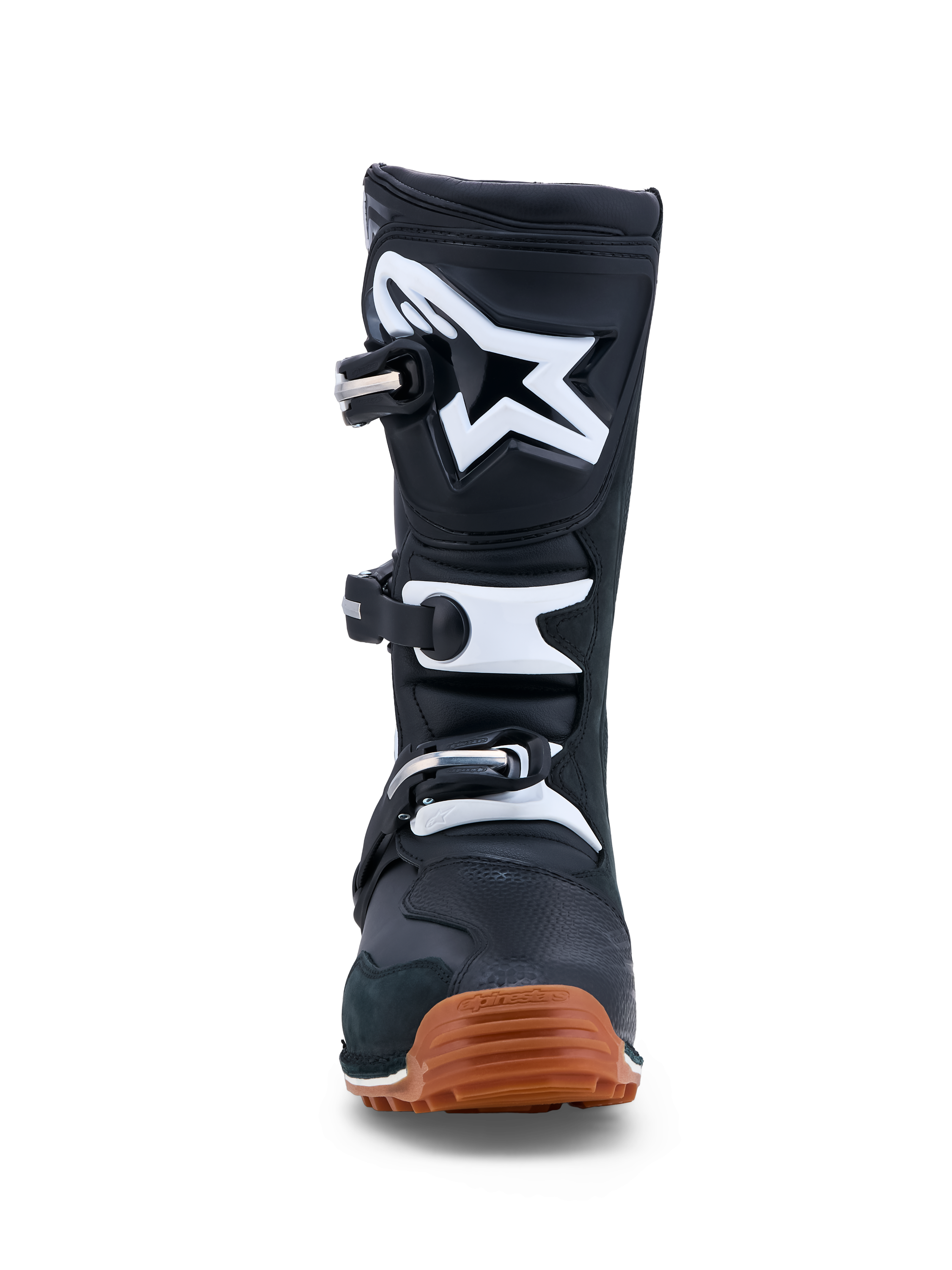 Alpinestars Tech-T stövlar, trials-motorcykelstövlar för herr, svarta och vita med gummifärgad sula, läderkonstruktion med TPU-skenbensplatta och spännessystem för optimalt grepp vid terrängkörning.