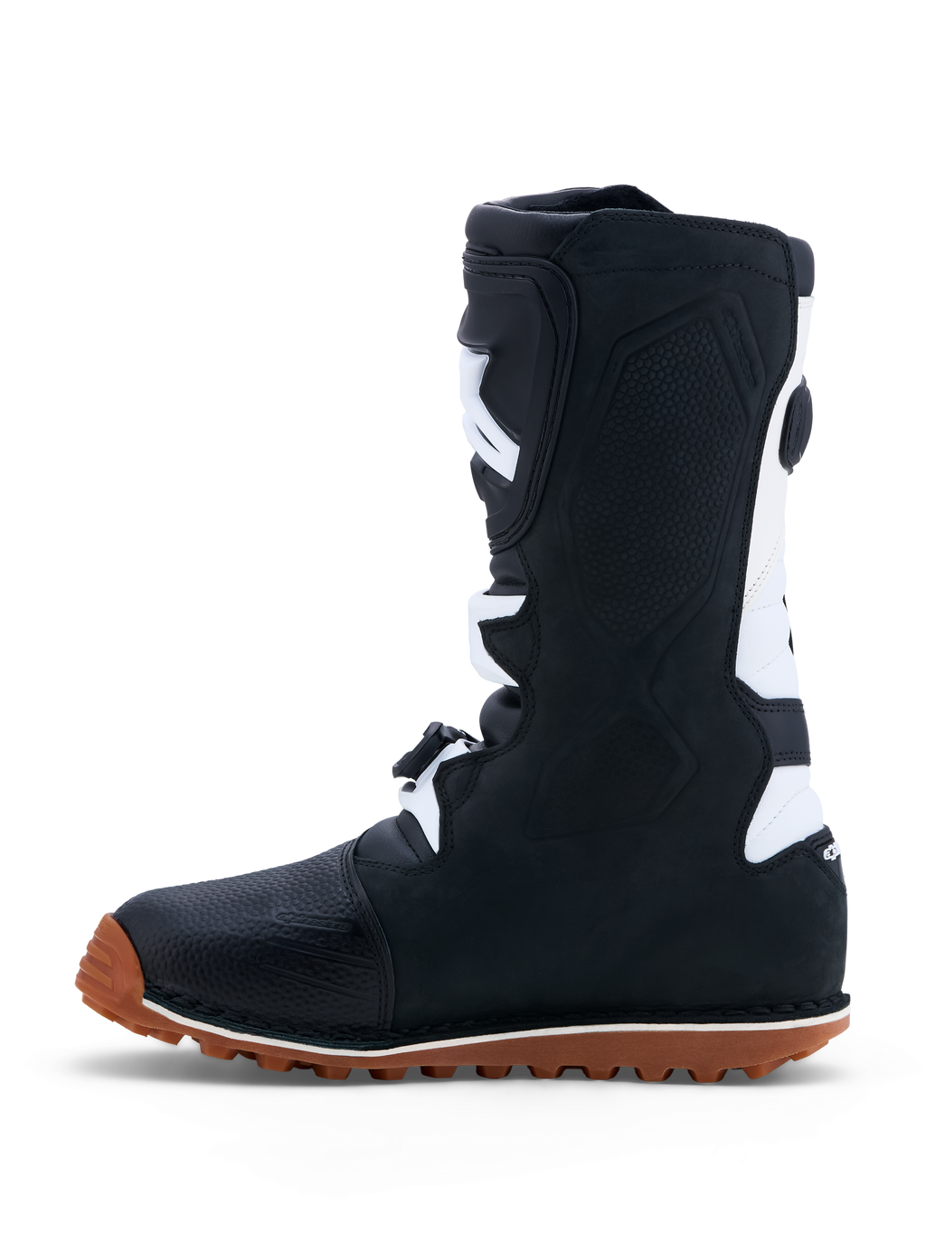 Alpinestars Tech-T stövlar, trialsstövlar i svart och vitt läder med brun gummisula, CE-certifierat skydd