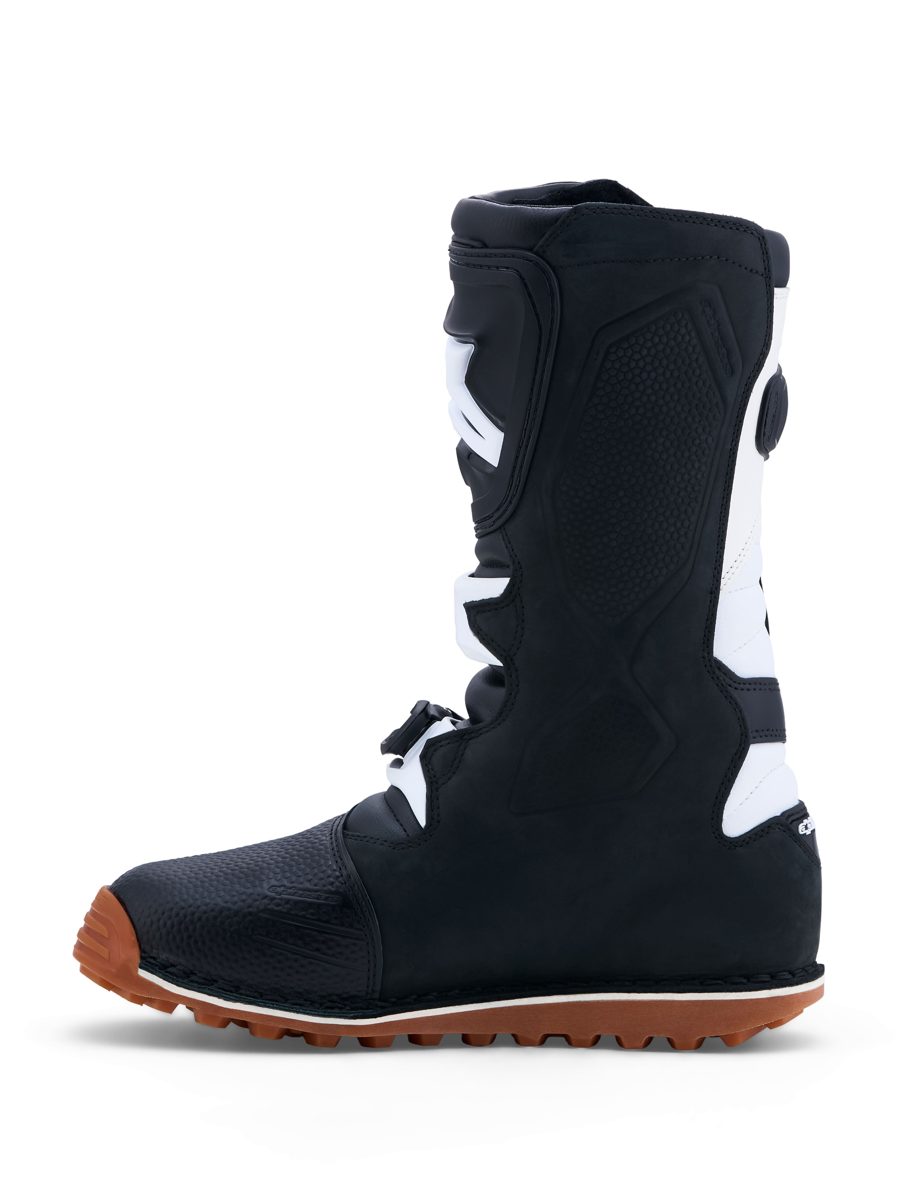 Alpinestars Tech-T stövlar, trialsstövlar i svart och vitt läder med brun gummisula, CE-certifierat skydd