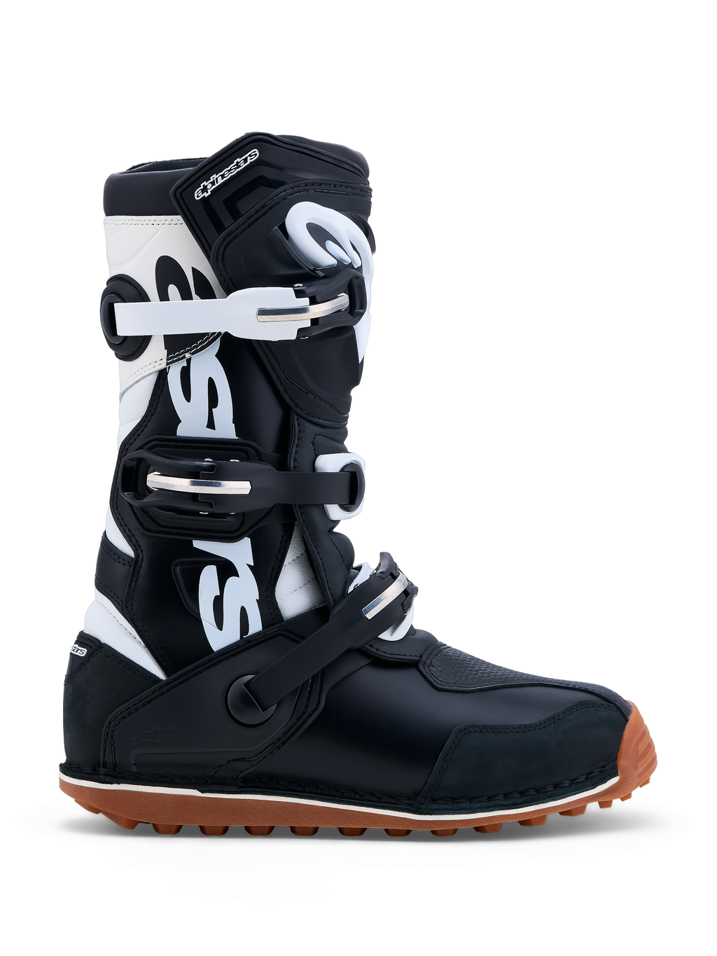 Alpinestars Tech-T stövlar, trials-MC-stövlar i svart och vitt läder, CE-certifierade med greppsäker gummisula.