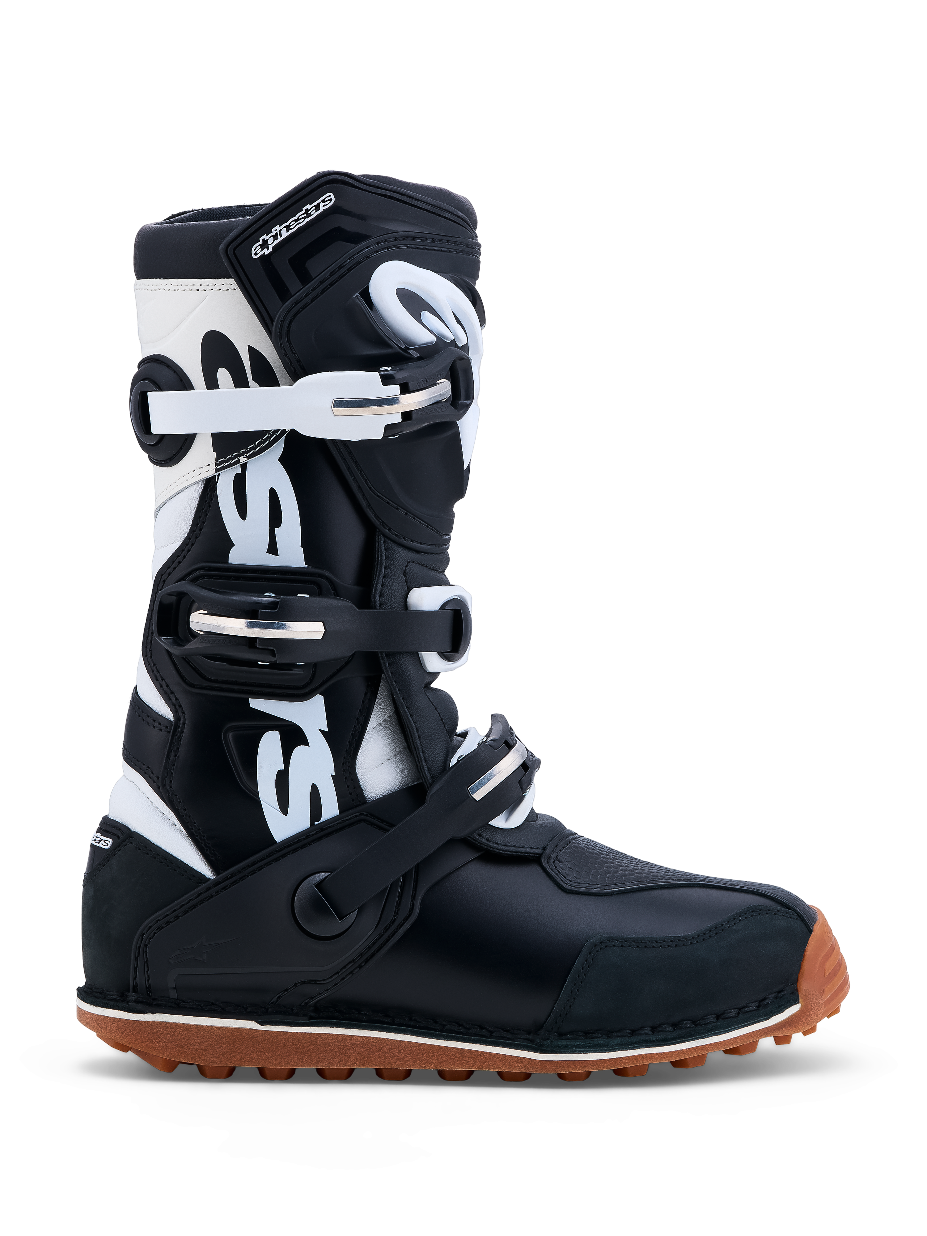 Alpinestars Tech-T stövlar, trials-MC-stövlar i svart och vitt läder, CE-certifierade med greppsäker gummisula.